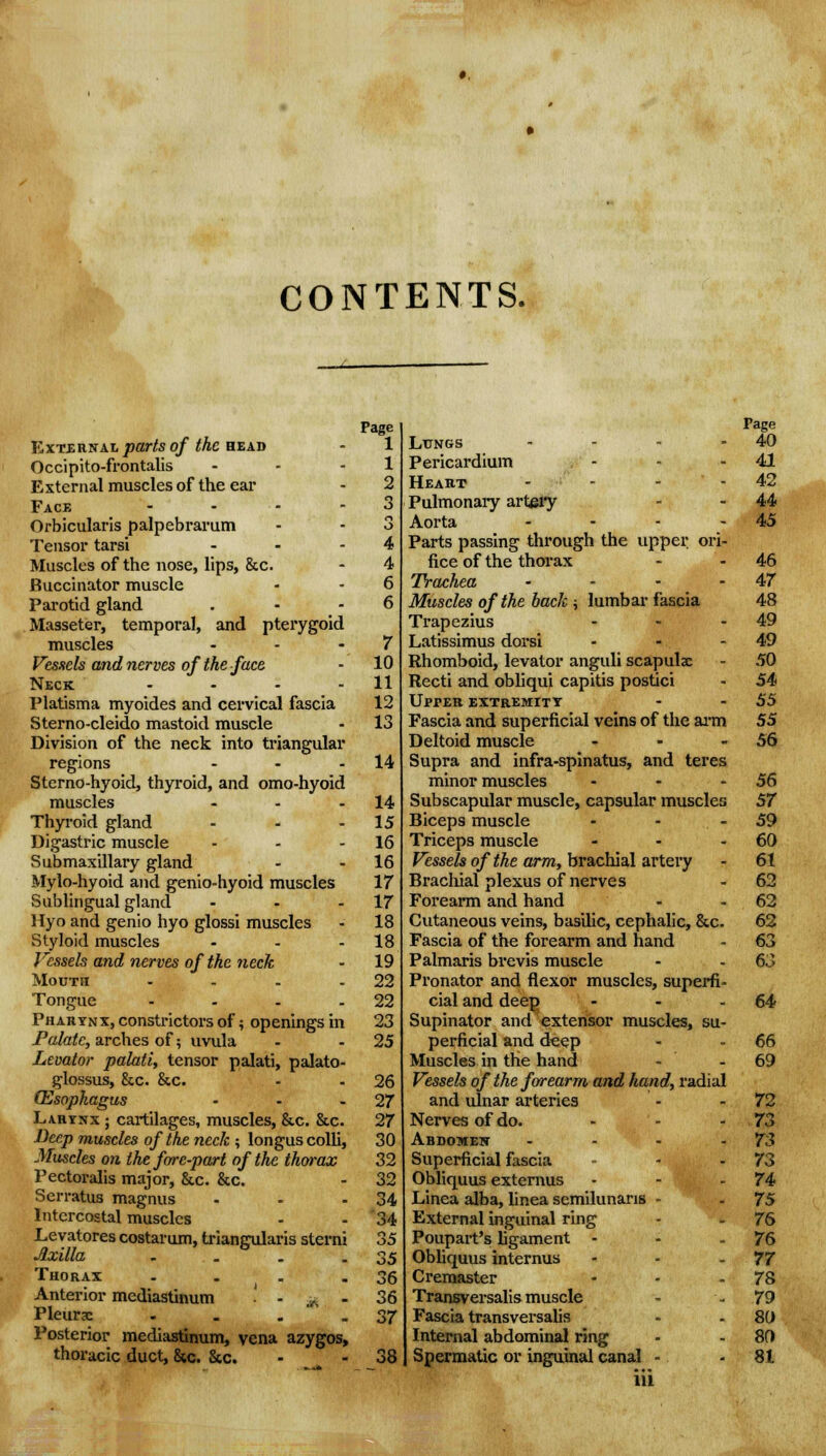 CONTENTS. Page External parts of the head - 1 Occipito-frontalis - - 1 External muscles of the ear - 2 Face - - - - 3 Orbicularis palpebrarum - - 3 Tensor tarsi - - 4 Muscles of the nose, lips, &c. - 4 Buccinator muscle - - 6 Parotid gland . - 6 Masseter, temporal, and pterygoid muscles - - 7 Vessels and nerves of the face - 10 Neck - - - - 11 Platisma myoides and cervical fascia 12 Sterno-cleido mastoid muscle - 13 Division of the neck into triangular regions - - 14 Sterno-hyoid, thyroid, and omo-hyoid muscles - - - 14 Thyroid gland - - - 15 Digastric muscle - - - 16 Submaxillary gland - - 16 Mylo-hyoid and genio-hyoid muscles 17 Sublingual gland - - - 17 Myo and genio hyo glossi muscles - 18 Styloid muscles - - - 18 Vessels and nerves of the neck - 19 Mouth - - - -22 Tongue - - - - 22 Pharynx, constrictors of; openings in 23 Palate, arches of; uvula - - 25 Levator palati, tensor palati, palato- glossus, &c. &c. - 26 (Esophagus - - - 27 Larynx ; cartilages, muscles, &c. &c. 27 Deep muscles of the neck ; longus colli, 30 Muscles on the fore-part of the thorax 32 Pectoralis major, &c. &c. - 32 Serratus magnus - - 34 Intercostal muscles - - 34 Levatores costarum, triangularis sterni 35 Axilla - . . 35 Thorax . . . - 36 Anterior mediastinum ' - # - 36 Pleura: - . . - 37 Posterior mediastinum, vena azygos, thoracic duct, &c. Sec. - - 38 Page Lungs - - - 40 Pericardium - - 41 Heart - - - - 42 Pulmonary artery - 44 Aorta - - - - 45 Parts passing through the upper ori- fice of the thorax - 46 Trachea - • - - 47 Muscles of the back -, lumbar fascia 48 Trapezius - - - 49 Latissimus dorsi - - 49 Rhomboid, levator anguli scapulae - 50 Recti and obliqui capitis postici - 54 UprER extremity - - 55 Fascia and superficial veins of the arm 55 Deltoid muscle - - 56 Supra and infra-spinatus, and teres minor muscles - - - 56 Subscapular muscle, capsular muscles 57 Biceps muscle - - - 59 Triceps muscle - - 60 Vessels of the arm, brachial artery - 61 Brachial plexus of nerves - 62 Forearm and hand - 62 Cutaneous veins, basilic, cephalic, &c. 62 Fascia of the forearm and hand - 63 Palmaris brevis muscle - - 63 Pronator and flexor muscles, superfi- cial and deep - - 64 Supinator and extensor muscles, su- perficial and deep - - 66 Muscles in the hand - - 69 Vessels of the forearm and hand, radial and ulnar arteries - - 72 Nerves of do. - - - 73 Abdomen - - - -73 Superficial fascia - - -73 Obliquus externus - - - 74 Linea alba, linea semilunaris - . 75 External inguinal ring - - 76 Poupart's ligament - - - 76 Obliquus internus - - -77 Cremaster - - - 78 Transversalis muscle - 79 Fascia transversalis - 80 Internal abdominal ring - - 80 Spermatic or inguinal canal - - 81