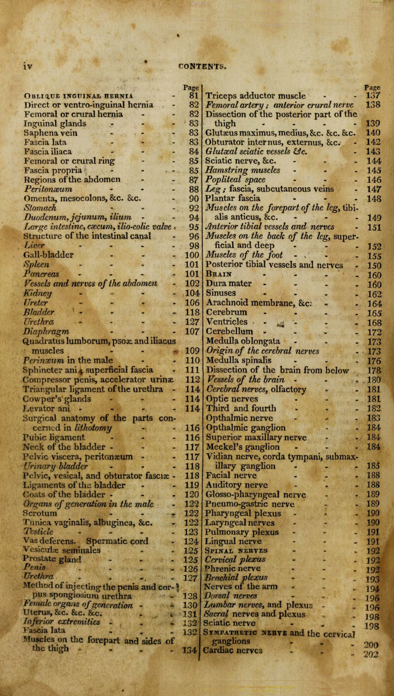 Oblixue inguinal hernia Direct or ventro-inguinal hernia Femoral or crural hernia Inguinal glands ... Saphenavein Fascia lata ... Fascia iliaca ... Femoral or crural ring Fascia propria - . - Regions of the abdomen Peritonaeum 4 • - Omenta, mesocolons, &c. &c. Stomach ... Duodenum, jejunum, ilium • Large intestine, cxcum, ilio-colic valve , Structure of the intestinal canal Liner .... Gall-bladder Spleen .... Pancreas - Vessels and nerves of the abdomen Kidney - Ureter .... Bladder ' • Urethra .... Diaphragm ... Quadratus lumborum, psoac and iliacus muscles -. * jp Perinxum in the male Sphincter ani4 superficial fascia Compressor penis, accelerator urinae Triangular ligament of the urethra - Cowper's glands - . - Levator ani - Surgical anatomy of the parts con- cerned in lithotomy Pubic ligament ... Neck of the bladder ... Pelvic viscera, peritonaeum - Urinary bladder ... Pelvic, vesical, and obturator fasciae - Ligaments of the bladder Coats of the bladder ... Organs of generation in the male Scrotum ... Tunica vaginalis, albuginea, &c. Testicle .... Vas deferens. Spermatic cord Vesiculae seminales Prostate gland Penis .... Urethra . Method of injecting the penis and cor- <J pus spongio3ium urethra Female organs of generation - Uterus, &c. &c. &c. Inferior extremities ... Fascia lata . . . Muscles on the forepart and sides of the thiffh - Page 81 82 82 83 83 83 84 85 85 87 88 90 92 94 95 96 98 100 101 101 102 104 106 118 127 107 109 110 111 112 114 114 114 116 116 117 117 118 118 119 120 122 122 122 123 124 125 125 126 127 128 130 131 132 132 134 Triceps adductor muscle Femoral artery ; anterior crural nerve Dissection of the posterior part of the thigh .... Glutseus maximus, medius, &c. &c. &c. Obturator internus, externus, &c. Glutxal sciatic vessels &c. Sciatic nerve, &c. - Hamstring muscles - Popliteal space ... Leg ; fascia, subcutaneous veins Plantar fascia ... Muscles on the forepart of the leg, tibi- alis anticus, &c. - - . Anterior tibial vessels and nerves Muscles on the back of the leg, super- ficial and deep - Muscles of the foot - ,' Posterior tibial vessels and nerves Brain - - . _ Dura mater - - . . Sinuses - Arachnoid membrane, &c: Cerebrum - Ventricles • - .^ - Cerebellum - Medulla oblongata - Origin of the cerebral nerves Medulla spinalis - - . Dissection of the brain from below Vessels of the brain - Cerebral nerves, olfactory Optic nerves - Third and fourth Opthalmic nerve - Opthalmic ganglion Superior maxillary nerve Meckel's ganglion Vidian nerve, corda tympani, submax- illary ganglion . - . Facial nerve - Auditory nerve - Glosso-pharyngeal nerve Pneumo-gastric nerve Pharyngeal plexus Laryngeal nerves Pulmonary plexus - - . Lingual nerve - - . Spinal nerves ... Cervical plexus - Phrenic nerve - Brachial plexus - Nerves of the arm - Dorsal nerves - - . Lumbar nerves, and plexus - Sacral nerves and plexus Sciatic nerve ... Sympathetic nerve and the cervical ganglions . Cardiac nerves Page 137 138 139 140 142 143 144 145 146 147 148 149 151 152 155 150 160 160 162 164 165 168 172 173 173 176 178 180 381 181 182 183 184 184 184 185 188 188 189 189 190 190 191 191 192 192 192 193 194 196 196 198 198 200 202
