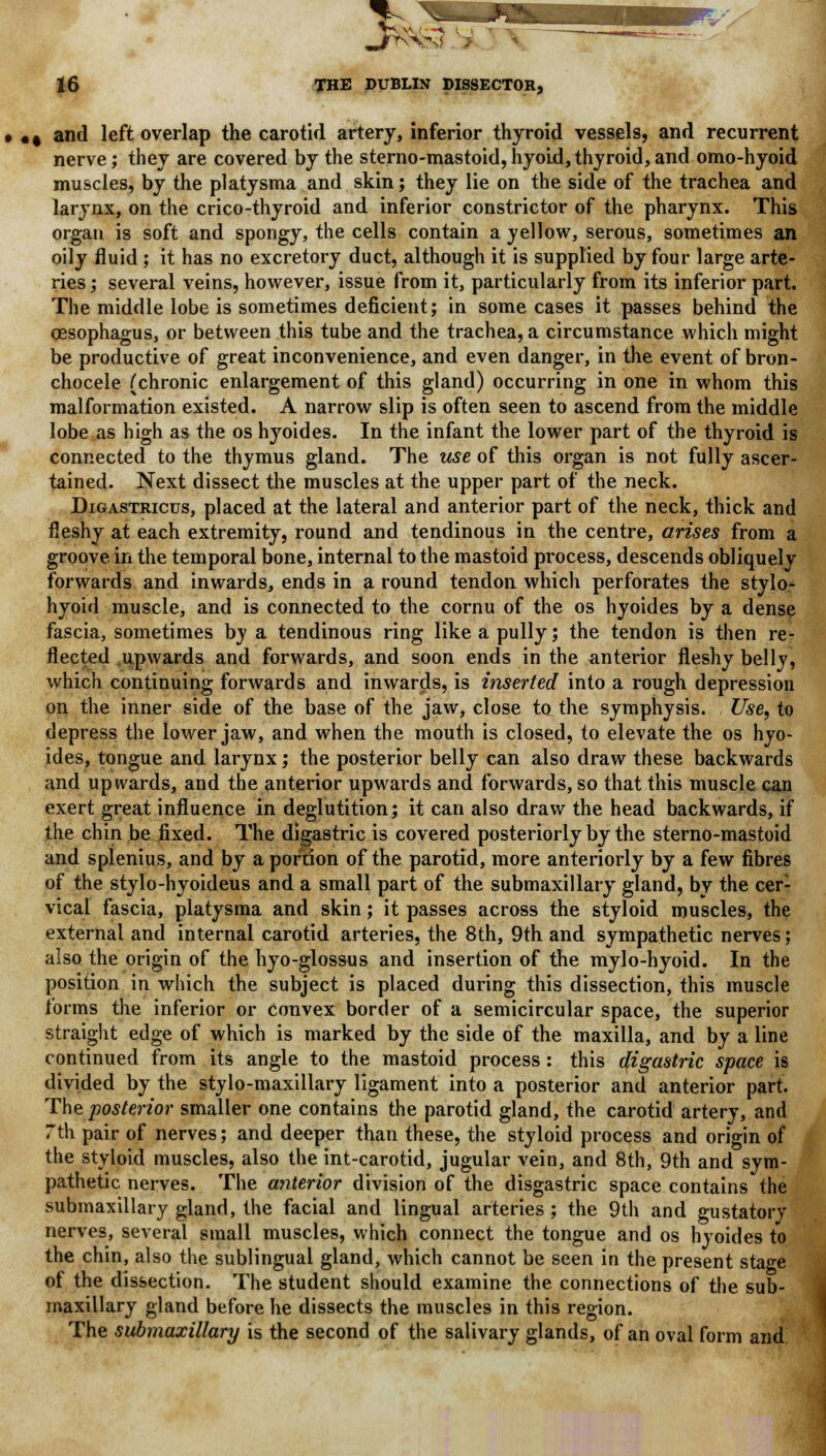 3» 16 THE DUBLIN DISSECTOR, • «* and left overlap the carotid artery, inferior thyroid vessels, and recurrent nerve; they are covered by the sterno-mastoid, hyoid,thyroid,and omo-hyoid muscles, by the platysma and skin; they lie on the side of the trachea and larynx, on the crico-thyroid and inferior constrictor of the pharynx. This organ is soft and spongy, the cells contain a yellow, serous, sometimes an oily fluid ; it has no excretory duct, although it is supplied by four large arte- ries ; several veins, however, issue from it, particularly from its inferior part. The middle lobe is sometimes deficient; in some cases it passes behind the oesophagus, or between this tube and the trachea, a circumstance which might be productive of great inconvenience, and even danger, in the event of bron- chocele (chronic enlargement of this gland) occurring in one in whom this malformation existed. A narrow slip is often seen to ascend from the middle lobe as high as the os hyoides. In the infant the lower part of the thyroid is connected to the thymus gland. The use of this organ is not fully ascer- tained. Next dissect the muscles at the upper part of the neck. Digastricus, placed at the lateral and anterior part of the neck, thick and fleshy at each extremity, round and tendinous in the centre, arises from a groove in the temporal bone, internal to the mastoid process, descends obliquely forwards and inwards, ends in a round tendon which perforates the stylo- hyoid muscle, and is connected to the cornu of the os hyoides by a dense fascia, sometimes by a tendinous ring likeapully; the tendon is then re- flected upwards and forwards, and soon ends in the anterior fleshy belly, which continuing forwards and inwards, is inserted into a rough depression on the inner side of the base of the jaw, close to the symphysis. Use, to depress the lower jaw, and when the mouth is closed, to elevate the os hyo- ides, tongue and larynx; the posterior belly can also draw these backwards and upwards, and the anterior upwards and forwards, so that this muscle can exert great influence in deglutition; it can also draw the head backwards, if the chin be fixed. The digastric is covered posteriorly by the sterno-mastoid and splenius, and by a porrion of the parotid, more anteriorly by a few fibres of the stylo-hyoideus and a small part of the submaxillary gland, by the cer- vical fascia, platysma and skin; it passes across the styloid muscles, the external and internal carotid arteries, the 8th, 9th and sympathetic nerves; also the origin of the hyo-glossus and insertion of the mylo-hyoid. In the position in which the subject is placed during this dissection, this muscle forms the inferior or convex border of a semicircular space, the superior straight edge of which is marked by the side of the maxilla, and by a line continued from its angle to the mastoid process: this digastric space is divided by the stylo-maxillary ligament into a posterior and anterior part. The posterior smaller one contains the parotid gland, the carotid artery, and 7th pair of nerves; and deeper than these, the styloid process and origin of the styloid muscles, also the int-carotid, jugular vein, and 8th, 9th and sym- pathetic nerves. The anterior division of the disgastric space contains the submaxillary gland, the facial and lingual arteries ; the 9th and gustatory nerves, several small muscles, which connect the tongue and os hyoides to the chin, also the sublingual gland, which cannot be seen in the present stage of the dissection. The student should examine the connections of the sub- maxillary gland before he dissects the muscles in this region. The submaxillary is the second of the salivary glands, of an oval form and