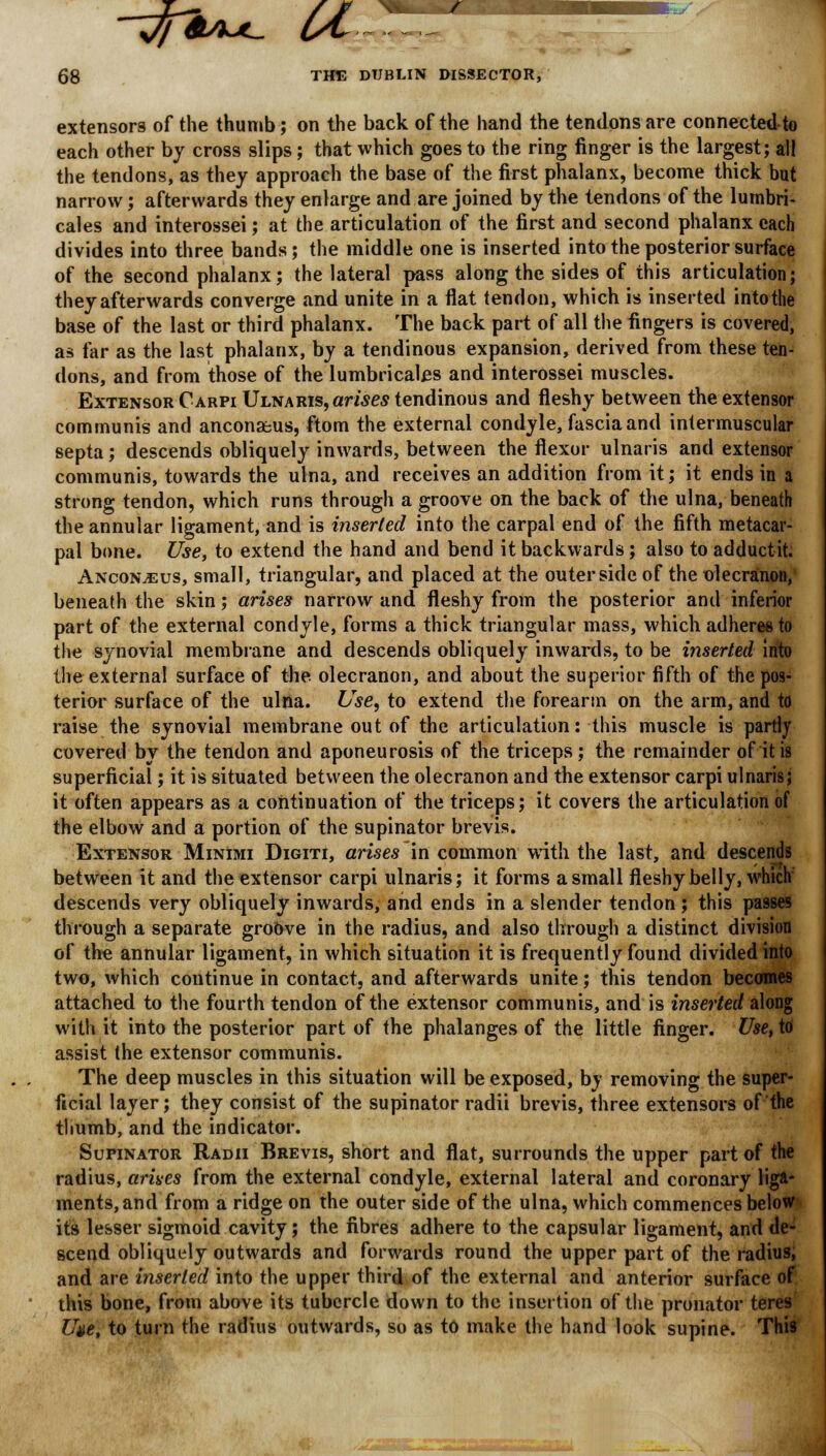 ~~3f6skju LA- ^H 68 THE DUBLIN DISSECTOR, extensors of the thumb; on the back of the hand the tendons are connected to each other by cross slips; that which goes to the ring finger is the largest; all the tendons, as they approach the base of the first phalanx, become thick but narrow; afterwards they enlarge and are joined by the tendons of the lumbri- cales and interossei; at the articulation of the first and second phalanx each divides into three bands; the middle one is inserted into the posterior surface of the second phalanx; the lateral pass along the sides of this articulation; they afterwards converge and unite in a flat tendon, which is inserted into the base of the last or third phalanx. The back part of all the fingers is covered, as far as the last phalanx, by a tendinous expansion, derived from these ten- dons, and from those of the lumbricates and interossei muscles. Extensor Carpi Ulnaris, ames tendinous and fleshy between the extensor communis and anconeus, ftom the external condyle, fascia and intermuscular septa; descends obliquely inwards, between the flexor ulnaris and extensor communis, towards the ulna, and receives an addition from it; it ends in a strong tendon, which runs through a groove on the back of the ulna, beneath the annular ligament, and is inserted into the carpal end of the fifth metacar- pal bone. Use, to extend the hand and bend it backwards; also to adductit. Anconeus, small, triangular, and placed at the outer side of the olecranon, beneath the skin; arises narrow and fleshy from the posterior and inferior part of the external condyle, forms a thick triangular mass, which adheres to the synovial membrane and descends obliquely inwards, to be inserted into the external surface of the. olecranon, and about the superior fifth of the pos- terior surface of the ulna. Use, to extend the forearm on the arm, and to raise the synovial membrane out of the articulation: this muscle is partly covered by the tendon and aponeurosis of the triceps; the remainder of it is superficial; it is situated between the olecranon and the extensor carpi ulnaris; it often appears as a continuation of the triceps; it covers the articulation of the elbow and a portion of the supinator brevis. Extensor Minimi Digiti, arises in common with the last, and descends between it and the extensor carpi ulnaris; it forms a small fleshy belly, which descends very obliquely inwards, and ends in a slender tendon ; this passes through a separate grobve in the radius, and also through a distinct division of the annular ligament, in which situation it is frequently found divided into two, which continue in contact, and afterwards unite; this tendon becomes attached to the fourth tendon of the extensor communis, and is inserted along with it into the posterior part of the phalanges of the little finger. Use, to assist the extensor communis. The deep muscles in this situation will be exposed, by removing the super- ficial layer; they consist of the supinator radii brevis, three extensors of the thumb, and the indicator. Supinator Radii Brevis, short and flat, surrounds the upper part of the radius, arhes from the external condyle, external lateral and coronary liga- ments, and from a ridge on the outer side of the ulna, which commences below its lesser sigmoid cavity; the fibres adhere to the capsular ligament, and de- scend obliquely outwards and forwards round the upper part of the radius, and are inserted into the upper third of the external and anterior surface of this bone, from above its tubercle down to the insertion of the pronator teres U»e, to turn the radius outwards, so as to make the hand look supine. This fiMIMb^ir^rSBiBUwaSKiSOi