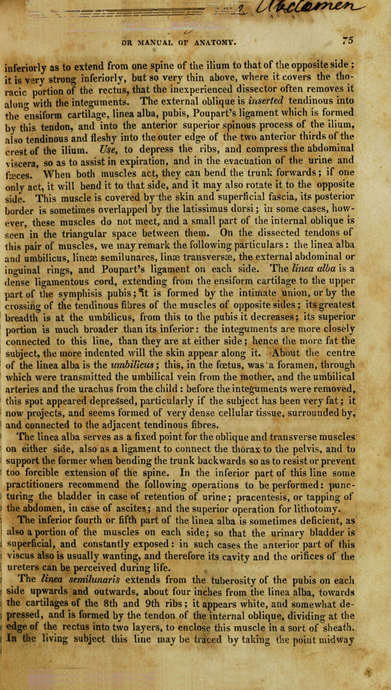 l/('fat&*ru>*i^ OR MANUAL OF ANATOMY. 75 inferiorly as to extend from one spine of the ilium to that of the opposite side ; it is very strong inferiorly, but so very thin above, where it covers the tho- racic portion of the rectus, that the inexperienced dissector often removes it alon with the integuments. The external oblique is inserted tendinous into the ensiform cartilage, linea alba, pubis, Poupart's ligament which is formed by this tendon, and into the anterior superior spinous process of the ilium, also tendinous and fleshy into the outer edge of the two anterior thirds of the crest of the ilium. Use, to depress the ribs, and compress the abdominal viscera, so as to assist in expiration, and in the evacuation of the urine and feces. When both muscles act, they can bend the trunk forwards; if one only act, it will bend it to that side, and it may also rotate it to the opposite side. This muscle is covered by the skin and superficial fascia, its posterior border is sometimes overlapped by the latissimus dorsi; in some cases, how- ever, these muscles do not meet, and a small part of the internal oblique is seen in the triangular space between them. On the dissected tendons of this pair of muscles, we may remark the following particulars : the linea alba and umbilicus, lineae semilunares, linae transversae, the external abdominal or inguinal rings, and Poupart's ligament on each side. The linea alba is a dense ligamentous cord, extending from the ensiform cartilage to the upper part of the symphisis pubis; *lt is formed by the intimate union, or by the crossing of the tendinous fibres of the muscles of opposite sides ; its greatest breadth is at the umbilicus, from this to the pubis it decreases; its superior portion is much broader than its inferior: the integuments are more closely connected to this line, than they are at either side; hence the more fat the subject, the more indented will the skin appear along it. About the centre of the linea alba is the umbilicus] this, in the foetus, was a foramen, through which were transmitted the umbilical vein from the mother, and the umbilical arteries and the urachus from the child : before the integuments were removed, this spot appeared depressed, particularly if the subject has been very fat; it now projects, and seems formed of very dense cellular tissue, surrounded by, and connected to the adjacent tendinous fibres. The linea alba serves as a fixed point for the oblique and transverse muscles on either side, also as a ligament to connect the thorax to the pelvis, and to support the former when bending the trunk backwards so as to resist or prevent I too forcible extension of the spine. In the inferior part of this line some practitioners recommend the following operations to be performed: punc- i! turing the bladder in case of retention of urine; pracentesis, or tapping of ? the abdomen, in case of ascites; and the superior operation for lithotomy. The inferior fourth or fifth part of the linea alba is sometimes deficient, as ; also a portion of the muscles on each side; so that the urinary bladder is i superficial, and constantly exposed: in such cases the anterior part of this I viscus also is usually wanting, and therefore its cavity and the orifices of the I ureters can be perceived during life. ii The linea semilunaris extends from the tuberosity of the pubis on each i side upwards and outwards, about four inches from the linea alba, towards I the cartilages of the 8th and 9th ribs; it appears white, and somewhat de- i pressed, and is formed by the tendon of the internal oblique, dividing at the I edge of the rectus into two layers, to enclose this muscle in a sort of sheath. j In the living subject this line may be traced by taking the point midway