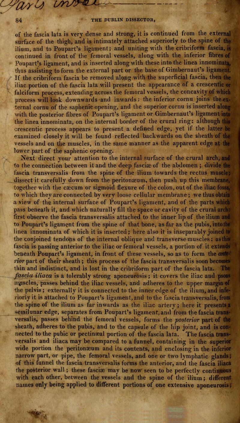 of the fascia lata is very dense and strong, it is continued from the external surface of the thigh, and is intimately attached superiorly to the spine of the ilium, and to Poupart's ligament; and uniting with the cribriform fascials continued in front of the femoral vessels, along with the inferior fibres of Poupart's ligament, and is inserted along with these into the linea innominata, thus assisting to form the external part or the base of Gimbernaut's ligament. If the cribriform fascia be removed along with the superficial fascia, then the iliac portion of the fascia lata will present the appearance of a crescentic or falciform process, extending across the femoral vessels, the concavity of which process willlook downwards and inwards: the inferior cornu joins the ex- ternal cornu of the saphenic opening, and the superior cornu is inserted along with the posterior fibres of Poupart's ligament or Gimbernaut's ligament into the linea innominata, on the internal border of the crural ring: although this crescentic process appears to present a defined edge, yet if the latter be examined closely it will be found reflected backwards on the sheath of the vessels and on the muscles, in the same manner as the apparent edge at the lower part of the saphenic opening. Next direct your attention to the internal surface of the crural arch, and to the connection between it and the deep fasciae of the abdomen ; divide the fascia transversalis from the spine of the ilium towards the rectus muscle; dissect it carefully down from the peritonaeum, then push up this membrane, together with the caecum or sigmoid flexure of the colon, out of the iliac fossa, to which they are connected by very loose cellular membrane; we thus obtain a view of the internal surface of Poupart's ligament, and of the parts which pass beneath it, and which naturally fill the space or cavity of the crural arch: first observe the fascia transversalis attached to the inner lip of the ilium and to Poupart's ligament from the spine of that bone, as far as the pubis, into the linea innominata of which it is inserted? here also it is inseparably joined to the conjoined tendons of the internal oblique and transverse muscles: as this fascia is passing anterior to the iliac or femoral vessels, a portion of it extends beneath Poupart's ligament, in front of these vessels, so as to form the antt- nor part of their sheath; this process of the fascia transversalis soon becomes thin and indistinct, and is lost in the cribriform part of the fascia lata. The fascia iliaca is a tolerably strong aponeurosis; it covers the iliac and psoas muscles, passes behind the iliac vessels, and adheres to the upper margin of the pelvis; externally it is connected to the inner edge of the ilium, and infe- riorly it is attached to Poupart's ligament, and to the fascia transversalis, front the spine of the ilium as far inwards as the iliac artery; here it presents a semilunar edge, separates from Poupart's ligament, and from the fascia trans- versalis, passes behind the femoral vessels, forms the posterior part of the sheath, adheres to the pubis, and to the capsule of the hip joint, and is con- nected to the pubic or pectineal portion of the fascia lata. The fascia trans- versalis and iliaca may be compared to a funnel, containing in the superior wide portion the peritonaeum and its contents, and enclosing in the inferior narrow part, or pipe, the femoral vessels, and one or two lymphatic glands; of this funnel the fascia transversalis forms the anterior, and the fascia iliaca the posterior wall; these fasciae may be now seen to be perfectly continuous with each other, between the vessels and the spine of the ilium; different names only being applied to different portions of one extensive aponeurosis;