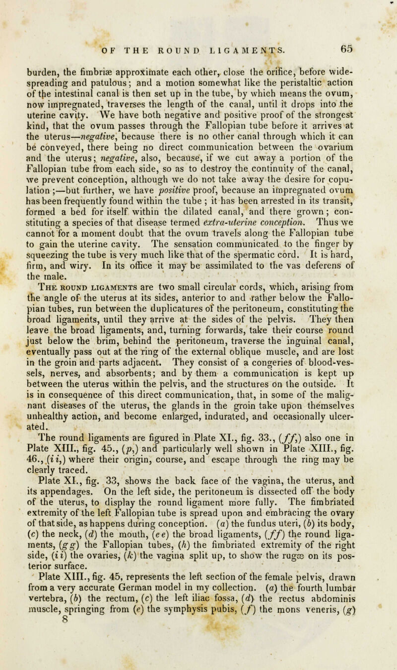 burden, the fimbriae approximate each other, close the orifice, before wide- spreading and patulous; and a motion somewhat like the peristaltic action of the intestinal canal is then set up in the tube, by which means the ovum, now impregnated, traverses the length of the canal, until it drops into the uterine cavity. We have both negative and positive proof of the strongest kind, that the ovum passes through the Fallopian tube before it arrives at the uterus—negative, because there is no other canal through which it can be conveyed, there being no direct communication between the ovarium and the uterus; negative, also, because, if we cut away a portion of the Fallopian tube from each side, so as to destroy the continuity of the canal, we prevent conception, although we do not take away the desire for copu- lation ;—but further, we have positive proof, because an impregnated ovum has been frequently found within the tube ; it has been arrested in its transit, formed a bed for itself within the dilated canal, and there grown; con- stituting a species of that disease termed extra-uterine conception. Thus we cannot for a moment doubt that the ovum travels along the Fallopian tube to gain the uterine cavity. The sensation communicated to the finger by squeezing the tube is very much like that of the spermatic cord. It is hard, firm, and wiry. In its office it may be assimilated to the vas deferens of the male. The round ligaments are two small circular cords, wmich, arising from the angle of the uterus at its sides, anterior to and rather below the Fallo- pian tubes, run between the duplicatures of the peritoneum, constituting the broad ligaments, until they arrive at the sides of the pelvis. They then leave the broad ligaments, and, turning forwards, take their course round just below the brim, behind the peritoneum, traverse the inguinal canal, eventually pass out at the ring of the external oblique muscle, and are lost in the groin and parts adjacent. They consist of a congeries of blood-ves- sels, nerves, and absorbents; and by them a communication is kept up between the uterus within the pelvis, and the structures on the outside. It is in consequence of this direct communication, that, in some of the malig- nant diseases of the uterus, the glands in the groin take upon themselves unhealthy action, and become enlarged, indurated, and occasionally ulcer- ated. The round ligaments are figured in Plate XL, fig. 33., (ff,) also one in Plate XIII., fig. 45., (p,) and particularly well shown in Plate XIII., fig. 46., (if,) where their origin, course, and escape through the ring may be clearly traced. Plate XL, fig. 33, shows the back face of the vagina, the uterus, and its appendages. On the left side, the peritoneum is dissected off' the body of the uterus, to display the round ligament more fully. The fimbriated extremity of the left Fallopian tube is spread upon and embracing the ovary of that side, as happens during conception, (a) the fundus uteri, (6) its body, (c) the neck, (d) the mouth, (ee) the broad ligaments, (ff) the round liga- ments, {gg) the Fallopian tubes, (h) the fimbriated extremity of the right side, (ii) the ovaries, (k) the vagina split up, to show the rugce on its pos- terior surface. Plate XIIL, fig. 45, represents the left section of the female pelvis, drawn from a very accurate German model in my collection, {a) the fourth lumbar vertebra, (b) the rectum, (c) the left iliac fossa, (d) the rectus abdominis muscle, springing from (e) the symphysis pubis, (f) the mons veneris, (g) 8