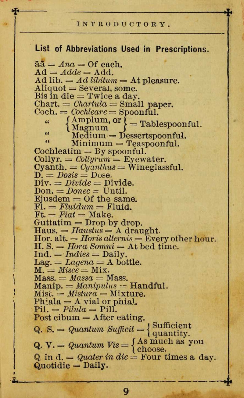 List of Abbreviations Used in Prescriptions. aa = Ana = Of each. Ad = Adde = Add. Ad lib. = Ad libitum = At pleasure. Aliquot = Several, some. Bis in die = Twice a day. Chart. = Chartula = Small paper. Coch. = Cochleare = Spoonful.  {MTgPnuS'°r} = TableSpoonful.  Medium = Dessertspoonful.  Minimum = Teaspoonful. Cochleatim = By spoonful. Collyr. = Collynim = Eyewater. Cyanth. = Cyjnthus= Wineglassful. D. = Dosis — Duse. Div. = Divide — Divide. Don. = Donee = Until. Ejusdem = Of the same. Fl. = Fluidum = Fluid. Ft. = Fiat = Make. Guttatim = Drop by drop. Haus. = Haustus = A draught. Hor. alt. — Horis alternis = Every other hour. H. S. = Hora Somni = At bed time. Ind. = Indies = Daily. Lag. = Lagena = A bottle. M. = Misee — Mix. Mass. = Massa = Mass. Manip. = Manipulus — Handful. Mist. = Mistura = Mixture. Ph\a.la = A vial or phial. Pil. = Pilula = Pill. Post cibum = After eating. Q. S. = Qaanlum Suffieit = { ^JJjJti^* Q. V. = Quantum Vis = {$££* as ?m Q in d. = Quater in die — Four times a day. Quotidie = Daily. -~4.