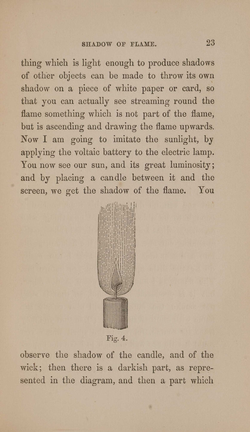 thing which is light enough to produce shadows of other objects can be made to throw its own shadow on a piece of white paper or card, so that you can actually see streaming round the flame something which is not part of the flame, but is ascending and drawing the flame upwards. Now I am going to imitate the sunlight, by applying the voltaic battery to the electric lamp. You now see our sun, and its great luminosity; and by placing a candle between it and the screen, we get the shadow of the flame. You Ill i I I ill! I Fist. 4. observe the shadow of the candle, and of the wick; then there is a darkish part, as repre- sented in the diagram, and then a part which