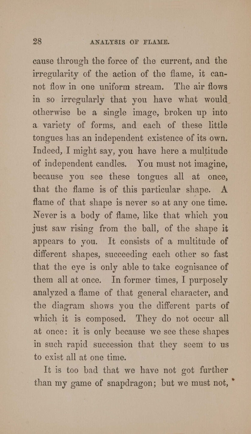 cause through the force of the current, and the irregularity of the action of the flame, it can- not flow in one uniform stream. The air flows in so irregularly that you have what would otherwise be a single image, broken up into a variety of forms, and each of these little tongues has an independent existence of its own. Indeed, I might say, you have here a multitude of independent candles. You must not imagine, because you see these tongues all at once, that the flame is of this particular shape. A flame of that shape is never so at any one time. Never is a body of flame, like that which you just saw rising from the ball, of the shape it appears to you. It consists of a multitude of different shapes, succeeding each other so fast that the eye is only able to take cognisance of them all at once. In former times, I purposely analyzed a flame of that general character, and the diagram shows you the different parts of which it is composed. They do not occur all at once: it is only because we see these shapes in such rapid succession that they seem to us to exist all at one time. It is too bad that we have not got further than my game of snapdragon; but we must not, *