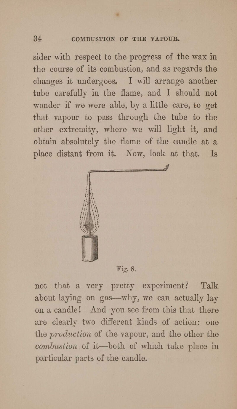 sider with respect to the progress of the wax in the course of its combustion, and as regards the changes it undergoes. I will arrange another tube carefully in the flame, and I should not wonder if we were able, by a little care, to get that vapour to pass through the tube to the other extremity, where we will light it, and obtain absolutely the flame of the candle at a place distant from it. Now, look at that. Is Fig. 8. not that a very pretty experiment? Talk about laying on gas—why, we can actually lay on a candle! And you see from this that there are clearly two different kinds of action: one the production of the vapour, and the other the combustion of it—both of which take place in particular parts of the candle.