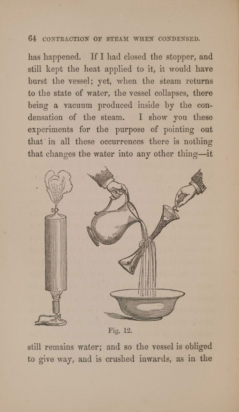 has happened. If I had closed the stopper, and still kept the heat applied to it, it would have burst the vessel; yet, when the steam returns to the state of water, the vessel collapses, there being a vacuum produced inside by the con- densation of the steam. I show you these experiments for the purpose of pointing out that in all these occurrences there is nothing that changes the water into any other thing—it Fig. 12. still remains water; and so the vessel is obliged to give way, and is crushed inwards, as in the