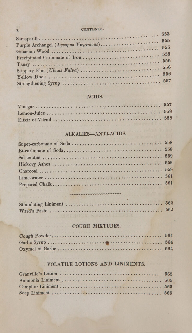 Sarsaparilla Purple Archangel (Lycopus Virginicus) Guiacum Wood Precipitated Carbonate of Iron Tansy Slippery Elm ( Ulmas Fulvd) Yellow Dock Strengthening Syrup ACIDS. Vinegar Lemon-Juice Elixir of Vitriol ALKALIES—ANTI-ACIDS. Super-carbonate of Soda Bi-carbonate of Soda Sal aeratus Hickory Ashes Charcoal Lime-water Prepared Chalk Stimulating Liniment Ward's Paste COUGH MIXTURES. Cough Powder Garlic Syrup £ Oxymel of Garlic VOLATILE LOTIONS AND LINIMENTS. Granville's Lotion Ammonia Liniment , Camphor Liniment Soap Liniment