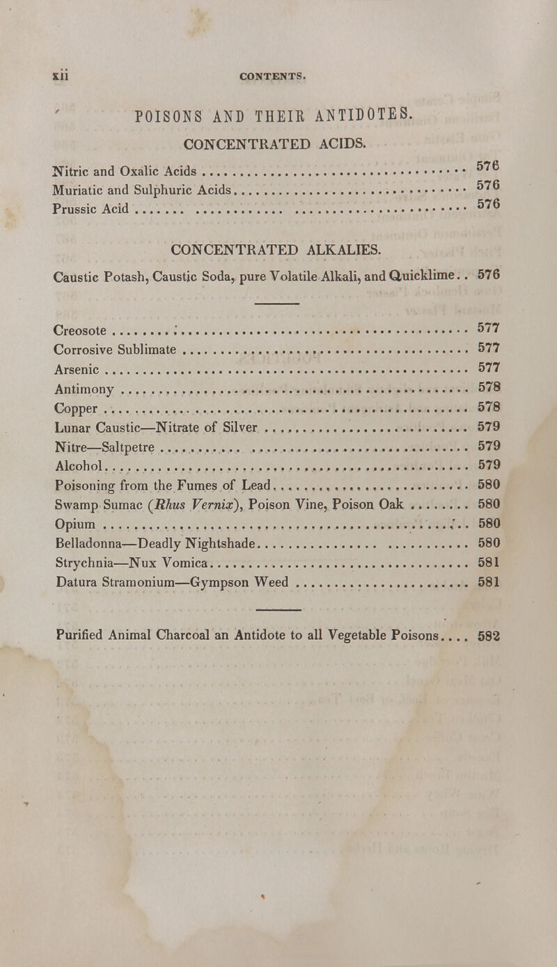 POISONS AND THEIR ANTIDOTES. CONCENTRATED ACIDS. Nitric and Oxalic Acids 576 Muriatic and Sulphuric Acids 576 Prussic Acid 576 CONCENTRATED ALKALIES. Caustic Potash, Caustic Soda, pure Volatile Alkali, and Quicklime.. 576 Creosote .' 577 Corrosive Sublimate 577 Arsenic 577 Antimony 578 Copper ♦ 578 Lunar Caustic—Nitrate of Silver 579 Nitre—Saltpetre .... 579 Alcohol 579 Poisoning from the Fumes of Lead 580 Swamp Sumac (Rhus Vernix), Poison Vine, Poison Oak 580 Opium 580 Belladonna—Deadly Nightshade 580 Strychnia—Nux Vomica 581 Datura Stramonium—Gympson Weed 581 Purified Animal Charcoal an Antidote to all Vegetable Poisons.... 582