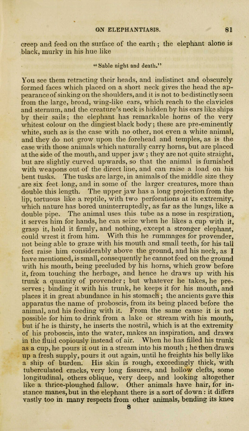 creep and feed on the surface of the earth ; the elephant alone is black, murky in his hue like 11 Sable night and death. You see them retracting their heads, and indistinct and obscurely formed faces which placed on a short neck gives the head the ap- pearance of sinking on the shoulders, and it is not to be distinctly seen from the large, broad, wing-like ears, which reach to the clavicles and sternum, and the creature's neck is hidden by his ears like ships by their sails; the elephant has remarkable horns of the very whitest colour on the dingiest black body; these are pre-eminently white, such as is the case with no other, not even a white animal, and they do not grow upon the forehead and temples, as is the case with those animals which naturally carry horns, but are placed at the side of the mouth, and upper jaw ; they are not quite straight, but are slightly curved upwards, so that the animal is furnished with weapons out of the direct line, and can raise a load on his bent tusks. The tusks are large, in animals of the middle size they are six feet long, and in some of the larger creatures, more than double this length. The upper jaw has a long projection from the lip, tortuous like a reptile, with two perforations at its extremity, which nature has bored uninterruptedly, as far as the lungs, like a double pipe. The animal uses this tube as a nose in respiration it serves him for hands, he can seize when he likes a cup with it, grasp it, hold it firmly, and nothing, except a stronger elephant, could wrest it from him. With this he rummages for provender, not being able to graze with his mouth and small teeth, for his tall feet raise him considerably above the ground, and his neck, as I have mentioned, is small, consequently he cannot feed on the ground with his mouth, being precluded by his horns, which grow before it, from touching the herbage, and hence he draws up with his trunk a quantity of provender; but whatever he takes, he pre- serves ; binding it with his trunk, he keeps it for his mouth, and places it in great abundance in his stomach ; the ancients gave this apparatus the name of proboscis, from its being placed before the animal, and his feeding with it. From the same cause it is not possible for him to drink from a lake or stream with his mouth, but if he is thirsty, he inserts the nostril, which is at the extremity of his proboscis, into the water, makes an inspiration, and draws in the fluid copiously instead of air. When he has filled his trunk as a cup, he pours it out in a stream into his mouth; he then draws up a fresh supply, pours it out again, until he freights his belly like a ship of burden. His skin is rough, exceedingly thick, with tuberculated cracks, very long fissures, and hollow clefts, some longitudinal, others oblique, very deep, and looking altogether like a thrice-ploughed fallow. Other animals have hair, for in- stance manes, but in the elephant there is a sort of down: it differs vastly too in many respects from other animals, bending its knee 8