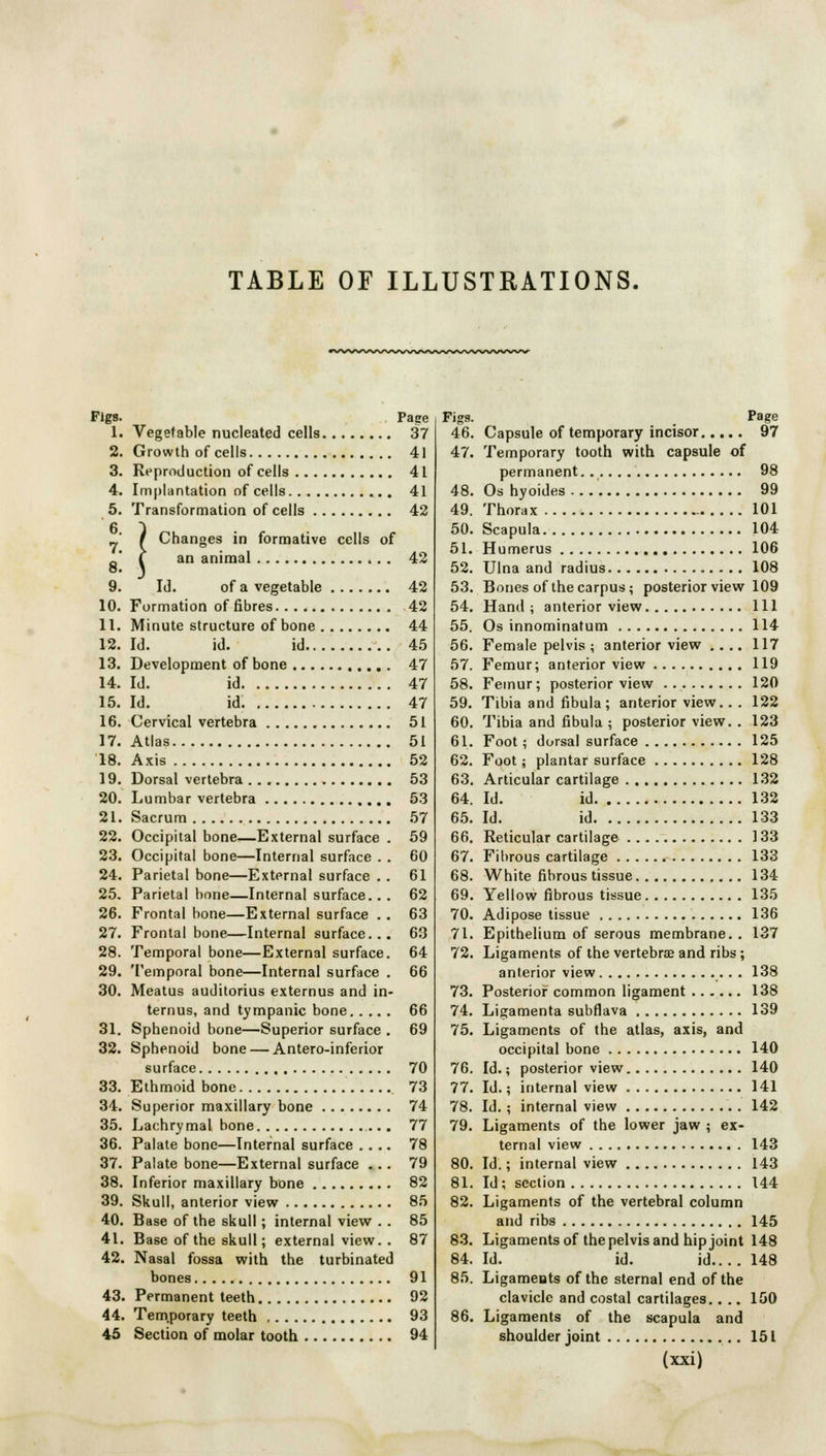 TABLE OF ILLUSTRATIONS. Pigs. 1. 2. 3. 4. 5. 6. 7. 8. 9. 10. 11. 12. 13. 14. 15. 16. 17. 18. 19. 20. 21. 22. 23. 24. 25. 26. 27. 28. 29. 30. 31. 32. 33. 34. 35. 36. 37. 38. 39. 40. 41. 42. 43. 44. 45 Page Vegetable nucleated cells 37 Growth of cells 41 Reproduction of cells 41 Implantation of cells 41 Transformation of cells 42 / Changes in formative cells of I an animal 42 Id. of a vegetable 42 Formation of fibres 42 Minute structure of bone 44 Id. id. id 45 Development of bone 47 Id. id 47 Id. id. 47 Cervical vertebra 51 Atlas 51 Axis 52 Dorsal vertebra 53 Lumbar vertebra 53 Sacrum 57 Occipital bone—External surface . 59 Occipital bone—Internal surface . . 60 Parietal bone—External surface . . 61 Parietal bone—Internal surface.. . 62 Frontal bone—External surface . . 63 Frontal bone—Internal surface... 63 Temporal bone—External surface. 64 Temporal bone—Internal surface . 66 Meatus auditorius externus and in- ternus, and tympanic bone 66 Sphenoid bone—Superior surface . 69 Sphenoid bone — Antero-inferior surface 70 Ethmoid bone 73 Superior maxillary bone 74 Lachrymal bone ... . 77 Palate bone—Internal surface .... 78 Palate bone—External surface ... 79 Inferior maxillary bone 82 Skull, anterior view 85 Base of the skull ; internal view . . 85 Base of the skull; external view. . 87 Nasal fossa with the turbinated bones 91 Permanent teeth 92 Temporary teeth 93 Section of molar tooth 94 Figs. g Page 46. Capsule of temporary incisor 97 47. Temporary tooth with capsule of permanent. 98 48. Os hyoides 99 49. Thorax 101 50. Scapula 104 51. Humerus 106 52. Ulna and radius 108 53. Bones of the carpus; posterior view 109 54. Hand; anterior view Ill 55. Os innominatum 114 56. Female pelvis ; anterior view .... 117 57. Femur; anterior view 119 58. Femur; posterior view 120 59. Tibia and fibula; anterior view.. . 122 60. Tibia and fibula ; posterior view. . 123 61. Foot; dorsal surface 125 62. Foot; plantar surface 128 63. Articular cartilage 132 64. Id. id 132 65. Id. id 133 66. Reticular cartilage 133 67. Fibrous cartilage 133 68. White fibrous tissue 134 69. Yellow fibrous tissue 135 70. Adipose tissue 136 71. Epithelium of serous membrane. . 137 72. Ligaments of the vertebra? and ribs; anterior view 138 73. Posterior common ligament 138 74. Ligamenta subflava 139 75. Ligaments of the atlas, axis, and occipital bone 140 76. Id.; posterior view 140 77. Id.; internal view 141 78. Id.; internal view 142 79. Ligaments of the lower jaw ; ex- ternal view 143 80. Id.; internal view 143 81. Id; section 144 82. Ligaments of the vertebral column and ribs 145 83. Ligaments of the pelvis and hip joint 148 84. Id. id. id.... 148 85. Ligaments of the sternal end of the clavicle and costal cartilages.. .. 150 86. Ligaments of the scapula and shoulder joint 151