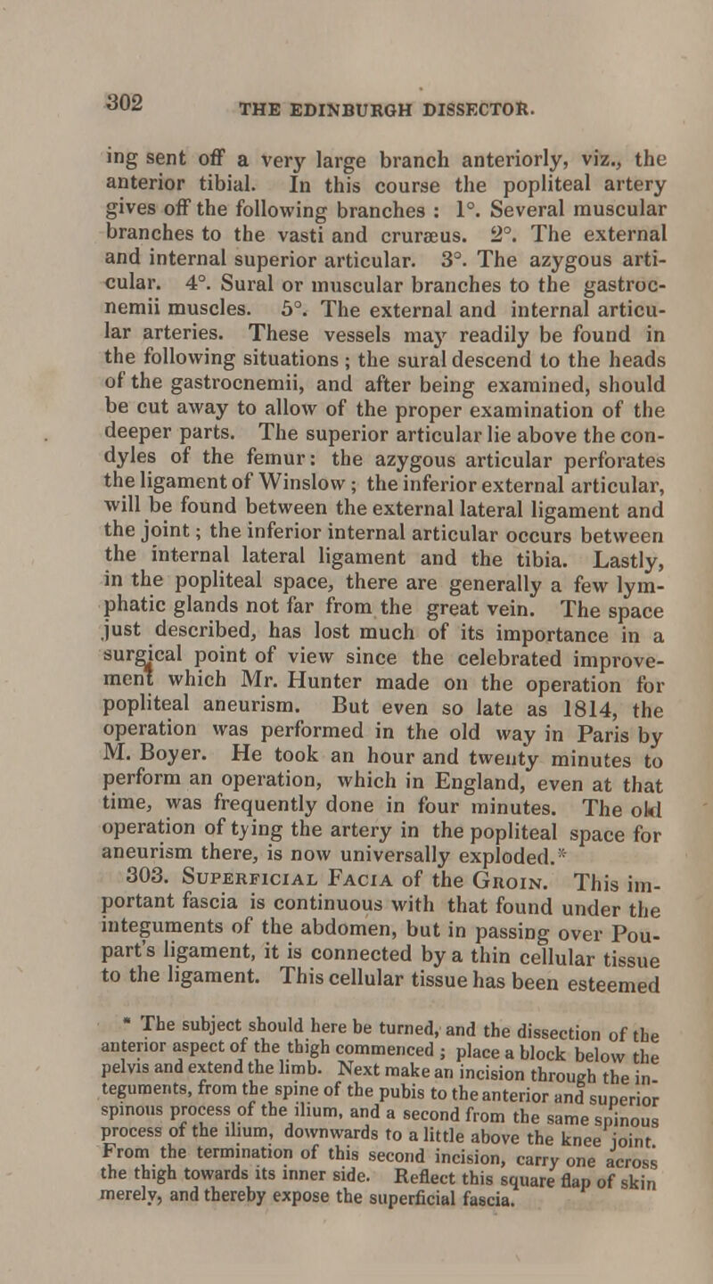 ing sent off a verj'- large branch anteriorly, viz., the anterior tibial. In this course the popliteal artery gives off the following branches : 1°. Several muscular branches to the vasti and crurseus. 2°. The external and internal superior articular. 3°. The azygous arti- cular. 4°. Sural or muscular branches to the gastroc- nemii muscles. 5°. The external and internal articu- lar arteries. These vessels maj' readily be found in the following situations; the sural descend to the heads of the gastrocnemii, and after being examined, should be cut away to allow of the proper examination of the deeper parts. The superior articular lie above the con- dyles of the femur: the azygous articular perforates the ligament of Winslow; the inferior external articular, will be found between the external lateral ligament and the joint; the inferior internal articular occurs between the internal lateral ligament and the tibia. Lastly, in the popliteal space, there are generally a few lym- phatic glands not far from the great vein. The space just described, has lost much of its importance in a surreal point of view since the celebrated improve- ment which Mr. Hunter made on the operation for popliteal aneurism. But even so late as 1814, the operation was performed in the old way in Paris by M. Boyer. He took an hour and twenty minutes to perform an operation, which in England, even at that time, was frequently done in four minutes. The old operation of t>ing the artery in the popliteal space for aneurism there, is now universally exploded.* 303, Superficial Facia of the Groin. This im- portant fascia is continuous with that found under the integuments of the abdomen, but in passing over Pou- part's ligament, it is connected by a thin cellular tissue to the ligament. This cellular tissue has been esteemed • The subject should here be turned,' and the dissection of the anterior aspect of the thigh commenced ; place a block below the pelvis and extend the hmb. Next make an incision through the in teguments, from the spine of the pubis to the anterior and superior spinous process of the ihum, and a second from the same spinous process of the ihum, downwards to a little above the knee ioint From the termmation of this second incision, carry one across the thigh towards its inner side. Reflect this square flap of skin merely, and thereby expose the superficial fascia.