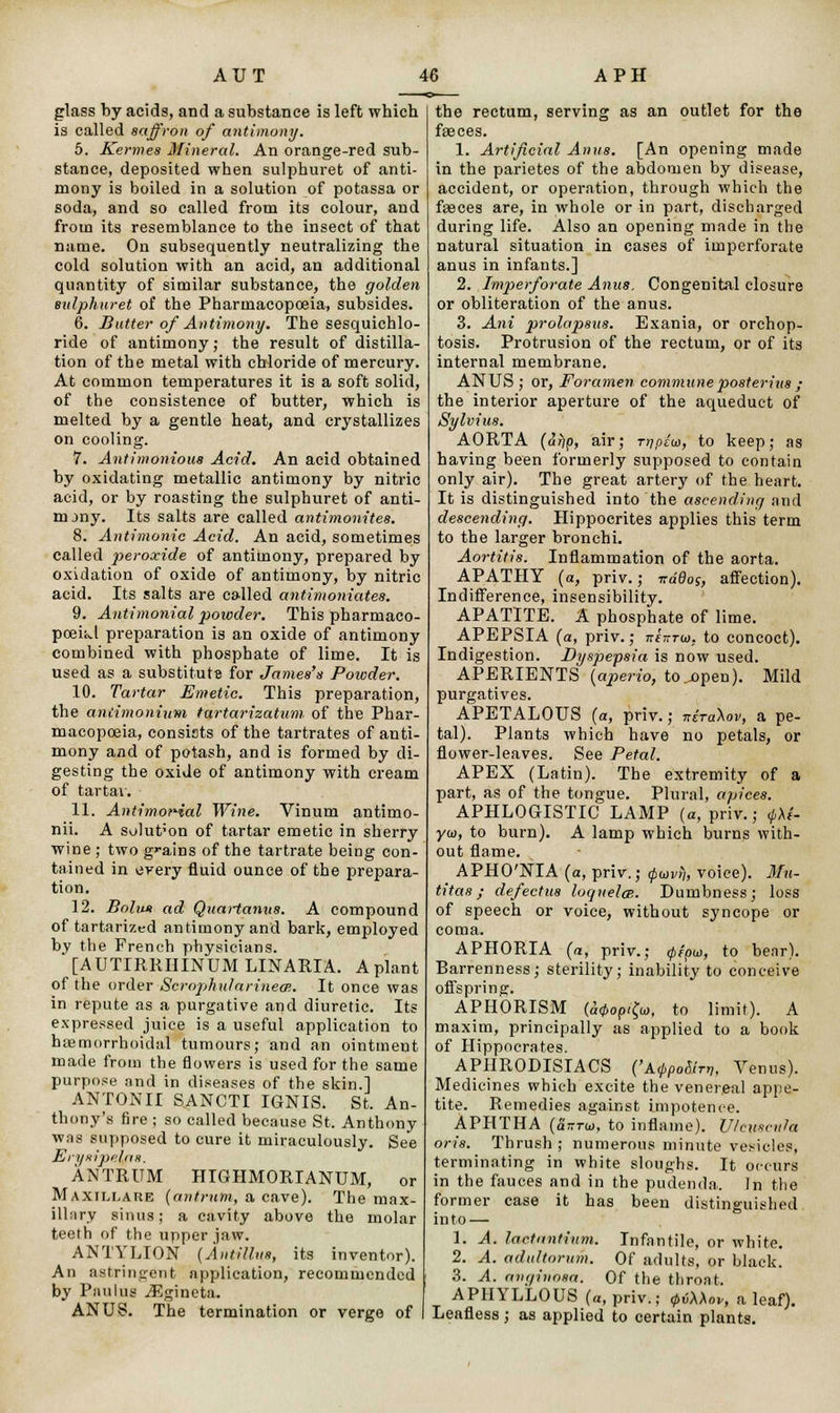 glass by acids, and a substance is left wbich is called saffron of antimony. 5. Kermes Mineral. An orange-red sub- stance, deposited when sulphuret of anti- mony is boiled in a solution of potassa or soda, and so called from its colour, and from its resemblance to the insect of that name. On subsequently neutralizing the cold solution with an acid, an additional quantity of similar substance, the golden eitlphuret of the Pharmacopoeia, subsides. 6. Batter of Antimony. The sesquichlo- ride of antimony; the result of distilla- tion of the metal with cMoride of mercury. At common temperatures it is a soft solid, of the consistence of butter, which is melted by a gentle heat, and crystallizes on cooling. 7. Antimonious Acid. An acid obtained by oxidating metallic antimony by nitric acid, or by roasting the sulphuret of anti- mjny. Its salts are called antimonites. 8. Antimonic Acid. An acid, sometimes called peroxide of antimony, prepared by oxidation of oxide of antimony, by nitric acid. Its salts are called antimoniates. 9. Antimonial powder. This pharmaco- poeia preparation is an oxide of antimony combined with phosphate of lime. It is used as a substitute for James's Powder. 10. Tartar Emetic. This preparation, the aniimonium tartarizatum of the Phar- macopoeia, consists of the tartrates of anti- mony and of potash, and is formed by di- gesting the oxide of antimony with cream of tartav. 11. Antimorial Wine. Vinum antimo- nii. A sulut'on of tartar emetic in sherry wine ; two grains of the tartrate being con- tained in every fluid ounce of the prepara- tion. 12. BoIxia ad Quai-tanus. A compound of tartarized antimony and bark, employed by the French physicians. [AUTIRRHINUMLINARIA. A plant of the order ScrophularinecB. It once was in repute as a purgative and diuretic. Its expressed juice is a useful application to hemorrhoidal tumours; and an ointment made from the flowers is used for the same purpose and in diseases of the skin.] ANTONII SANCTI IGNIS. St. An- thony's fire ; so called because St. Anthony was supposed to cure it miraculously. See Erysipelas. ANTRUM HIGHMORIANUM, or Maxillare (antrum, a cave). The max- illary sinus; a cavity above the molar teeth of the upper jaw. ANTYLION (Antillus, its inventor). An astringent application, recommended by Paul us JSgineta. ANUS. The termination or verge of the rectum, serving as an outlet for the faeces. 1. Artificial Anus. [An opening made in the parietes of the abdomen by disease, accident, or operation, through which the fgeces are, in whole or in part, discharged during life. Also an opening made in the natural situation in cases of imperforate anus in infants.] 2. Imperforate Anus, Congenital closure or obliteration of the anus. 3. Ani prolapsus. Exania, or orchop- tosis. Protrusion of the rectum, or of its internal membrane. ANUS ; or, Foramen communeposterius ; the interior aperture of the aqueduct of Sylvius. AORTA (afip, air; rnpew, to keep; as having been formerly supposed to contain only air). The great artery of the heart. It is distinguished into the ascending and descending. Hippocrites applies this term to the larger bronchi. Aortitis. Inflammation of the aorta. APATHY (a, priv.; irdflos, affection). Indifference, insensibility. APATITE. A phosphate of lime. APEPSIA (a, priv.; 7rf tttw. to concoct). Indigestion. Dyspepsia is now used. APERIENTS (aperio, to.jopen). Mild purgatives. APETALOUS (a, priv.; Wra W, a pe- tal). Plants which have no petals, or flower-leaves. See Petal. APEX (Latin). The extremity of a part, as of the tongue. Plural, apices. APHLOGISTIC LAMP (a, priv.; 0AI- yw, to burn). A lamp which burns with- out flame. APHO'NIA (a, priv.; (pwvfi, voice). Mu- titas; defectus loquelce. Dumbness; loss of speech or voice, without syncope or coma. APHORIA (a, priv.; </>/pio, to benr). Barrenness; sterility; inability to conceive offspring. APHORISM (<i0Op/£a>, to limit). A maxim, principally as applied to a book of Hippocrates. APHRODISIACS ('Acppoiirr,, Venus). Medicines which excite the venereal appe- tite. Remedies against impotence. APHTHA (axTw, to inflame). U/cmcida oris. Thrush ; numerous minute vesicles, terminating in white sloughs. It occurs in the fauces and in the pudenda. In the former case it has been distinguished in to — 1. A. lactantium. Infantile, or white. 2. A. adultorum. Of adults, or black. 3. A. angiuosa. Of the throat. APHYLLOUS (a, priv.; </>vMov, a leaf). Leafless ; as applied to certain plants.