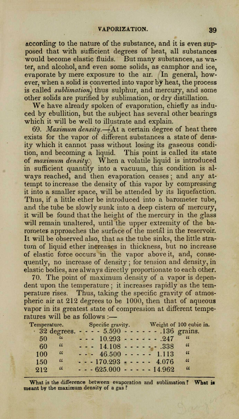 according to the nature of the substance, and it is even sup- posed that with sufficient degrees of heat, all substances would become elastic fluids. But many substances, as wa- ter, and alcohol, and even some solids, as camphor and ice, evaporate by mere exposure to the air. In general, how- ever, when a solid is converted into vapor by heat, the process is called sublimation, thus sulphur, and mercury, and some other solids are purified by sublimation, or dry distillation. We have already spoken of evaporation, chiefly as indu- ced by ebullition, but the subject has several other bearings which it will be well to illustrate and explain. 69. Maximum density.—At a certain degree of heat there exists for the vapor of different substances a state of dens- ity which it cannot pass without losing its gaseous condi- tion, and becoming a liquid. This point is called its state of maximum density. When a volatile liquid is introduced in sufficient quantity into a vacuum, this condition is al- ways reached, and then evaporation ceases; and any at- tempt to increase the density of this vapor by compressing it into a smaller space, will be attended by its liquefaction. Thus, if a little ether be introduced into a barometer tube, and the tube be slowly sunk into a deep cistern of mercury, it will be found that the height of the mercury in the glass will remain unaltered, until the upper extremity of the ba- rometer approaches the surface of the metal in the reservoir. It will be observed also, that as the tube sinks, the little stra- tum of liquid ether increases in thickness, but no increase of elastic force occurs in the vapor above it, and, conse- quently, no increase of density ; for tension and density, in elastic bodies, are always directly proportionate to each other. 70. The point of maximum density of a vapor is depen- dent upon the temperature ; it increases rapidly as the tem- perature rises. Thus, taking the specific gravity of atmos- pheric air at 212 degrees to be 1000, then that of aqueous vapor in its greatest state of compression at different tempe- ratures will be as follows :— Temperature. Specific gravity. Weight of 100 cubic in. ■ 32 degrees. - - - - 5.590 .136 grains. 50  - - - 10.293 .247  60  - - - 14.108 .338  100  - - - 46.500 1.113  150  - - - 170.293 4.076  212  - - - 625.000 14.962  What is the difference between evaporation and sublimation? What 11 meant by the maximum density of a ga3 ?