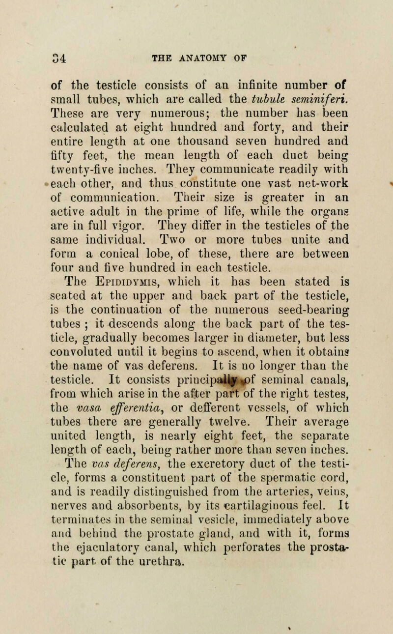 of the testicle consists of an infinite number of small tubes, which are called the tubule seminiferi. These are very numerous; the number has been calculated at eight hundred and forty, and their entire length at one thousand seven hundred and fifty feet, the mean length of each duct being twenty-five inches. They communicate readily with each other, and thus constitute one vast net-work of communication. Their size is greater in an active adult in the prime of life, while the organs are in full vigor. They differ in the testicles of the same individual. Two or more tubes unite and form a conical lobe, of these, there are between four and five hundred in each testicle. The Epididymis, which it has been stated is seated at the upper and back part of the testicle, is the continuation of the numerous seed-bearing tubes ; it descends along the back part of the tes- ticle, gradually becomes larger in diameter, but less convoluted until it begins to ascend, when it obtains the name of vas deferens. It is no longer than the testicle. It consists priucipaHp^pf seminal canals, from which arise in the after part of the right testes, the vasa efferentia, or defferent vessels, of which tubes there are generally twelve. Their average united length, is nearly eight feet, the separate length of each, being rather more than seven inches. The vas deferens, the excretory duct of the testi- cle, forms a constituent part of the spermatic cord, and is readily distinguished from the arteries, veins, nerves and absorbents, by its cartilaginous feel. It terminates in the seminal vesicle, immediately above and behind the prostate gland, and with it, forms the ejaculatory canal, which perforates the prosta- tic part of the urethra.