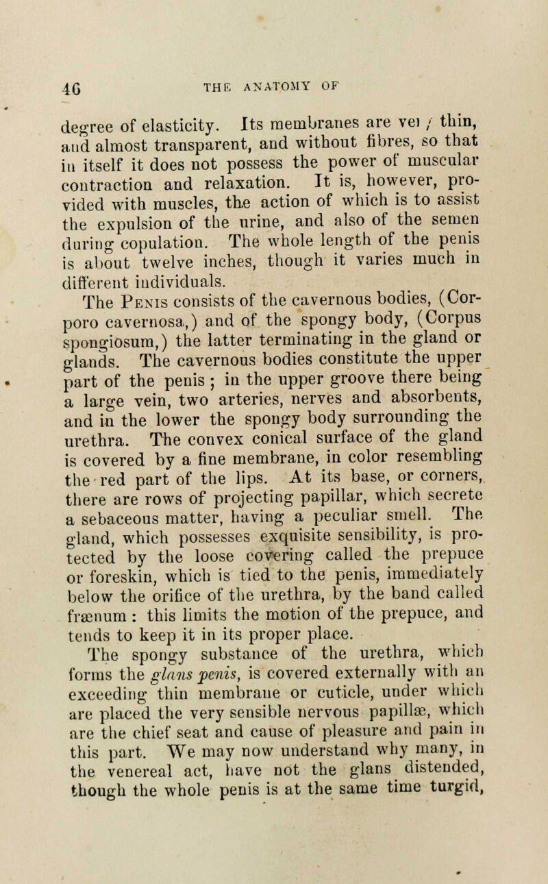 degree of elasticity. Its membranes are vei / thin, and almost transparent, and without fibres, so that in itself it does not possess the power of muscular contraction and relaxation. It is, however, pro- vided with muscles, the action of which is to assist the expulsion of the urine, and also of the semen during copulation. The whole length of the penis is about twelve inches, though it varies much in different individuals. The Penis consists of the cavernous bodies, (Cor- poro cavernosa,) and of the spongy body, (Corpus spongiosum,) the latter terminating in the gland or glauds. The cavernous bodies constitute the upper part of the penis ; in the upper groove there being a large vein, two arteries, nerves and absorbents, and in the lower the spongy body surrounding the urethra. The convex conical surface of the gland is covered by a fine membrane, in color resembling the red part of the lips. At its base, or corners, there are rows of projecting papillar, which secrete a sebaceous matter, having a peculiar small. The gland, which possesses exquisite sensibility, is pro- tected by the loose cowring called the prepuce or foreskin, which is tied to the penis, immediately below the orifice of the urethra, by the band called fraenum : this limits the motion of the prepuce, and tends to keep it in its proper place. The spongy substance of the urethra, which forms the glows penis, is covered externally with an exceeding thin membrane or cuticle, under which are placed the very sensible nervous papillae, which are the chief seat and cause of pleasure and pain in this part. We may now understand why many, in the venereal act, have not the glans distended, though the whole penis is at the same time turgid,