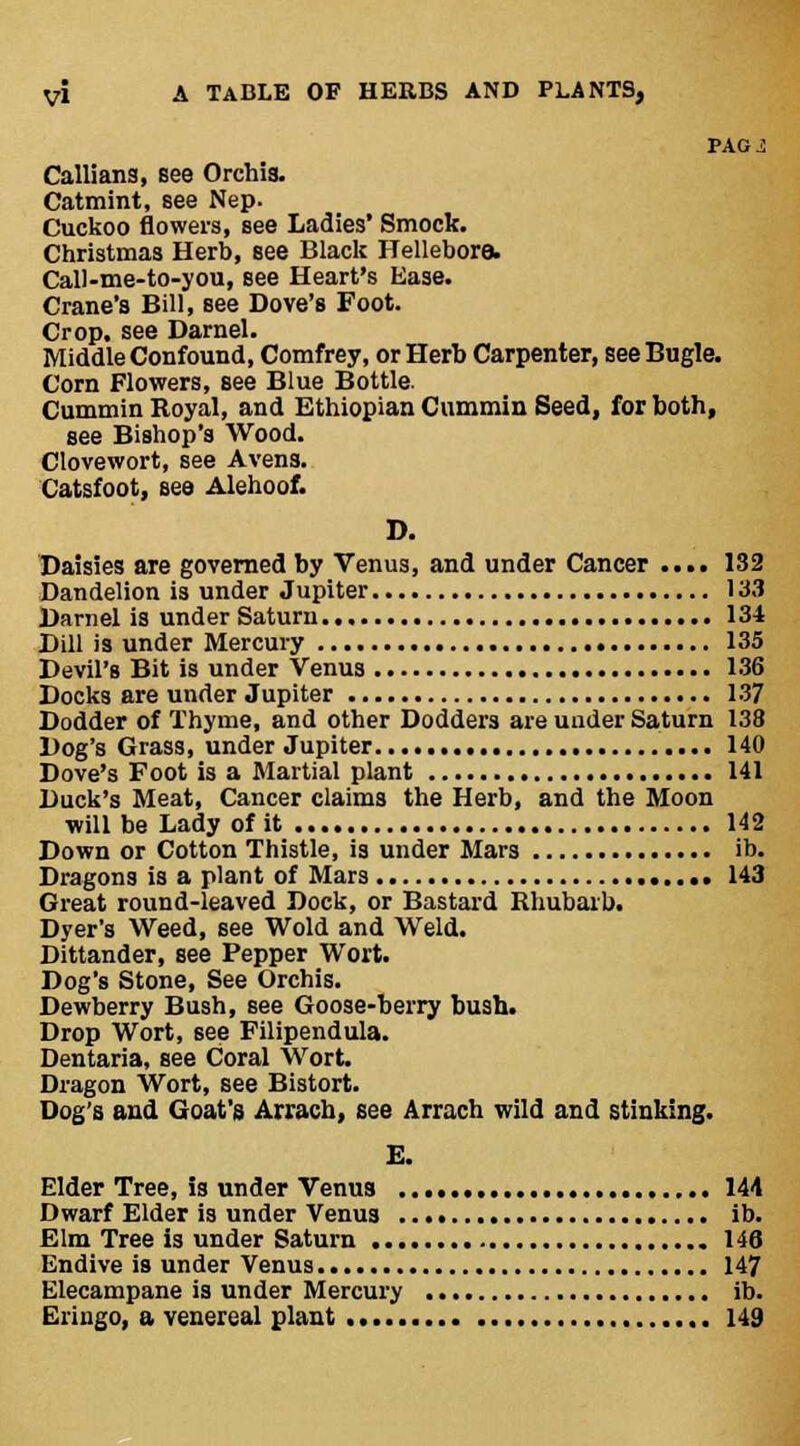paoj; Callians, eee Orchis. Catmint, see Nep. Cuckoo flowers, see Ladies' Smock. Christmas Herb, see Black Hellebore. Call-me-to-you, see Heart's Ease. Crane's Bill, see Dove's Foot. Crop, see Darnel. Middle Confound, Comfrey, or Herb Carpenter, see Bugle. Corn Flowers, see Blue Bottle. Cummin Royal, and Ethiopian Cummin Seed, for both, see Bishop's Wood. Clovewort, see Avens. Catsfoot, see Alehoof. D. Daisies are governed by Venus, and under Cancer .... 132 Dandelion is under Jupiter 1 S3 Darnel is under Saturn 131 Dill is under Mercury 135 Devil's Bit is under Venus 136 Docks are under Jupiter 137 Dodder of Thyme, and other Dodders are under Saturn 138 Dog's Grass, under Jupiter 140 Dove's Foot is a Martial plant 141 Duck's Meat, Cancer claims the Herb, and the Moon will be Lady of it 142 Down or Cotton Thistle, is under Mars ib. Dragons is a plant of Mars 143 Great round-leaved Dock, or Bastard Rhubarb. Dyer's Weed, see Wold and Weld. Dittander, see Pepper Wort. Dog's Stone, See Orchis. Dewberry Bush, see Goose-berry bush. Drop Wort, see Filipendula. Dentaria, see Coral Wort. Dragon Wort, see Bistort. Dog's and Goat's Arrach, see Arrach wild and stinking. E. Elder Tree, is under Venus 144 Dwarf Elder is under Venus ib. Elm Tree is under Saturn 146 Endive is under Venus 147 Elecampane is under Mercury ib. Eringo, a venereal plant 149