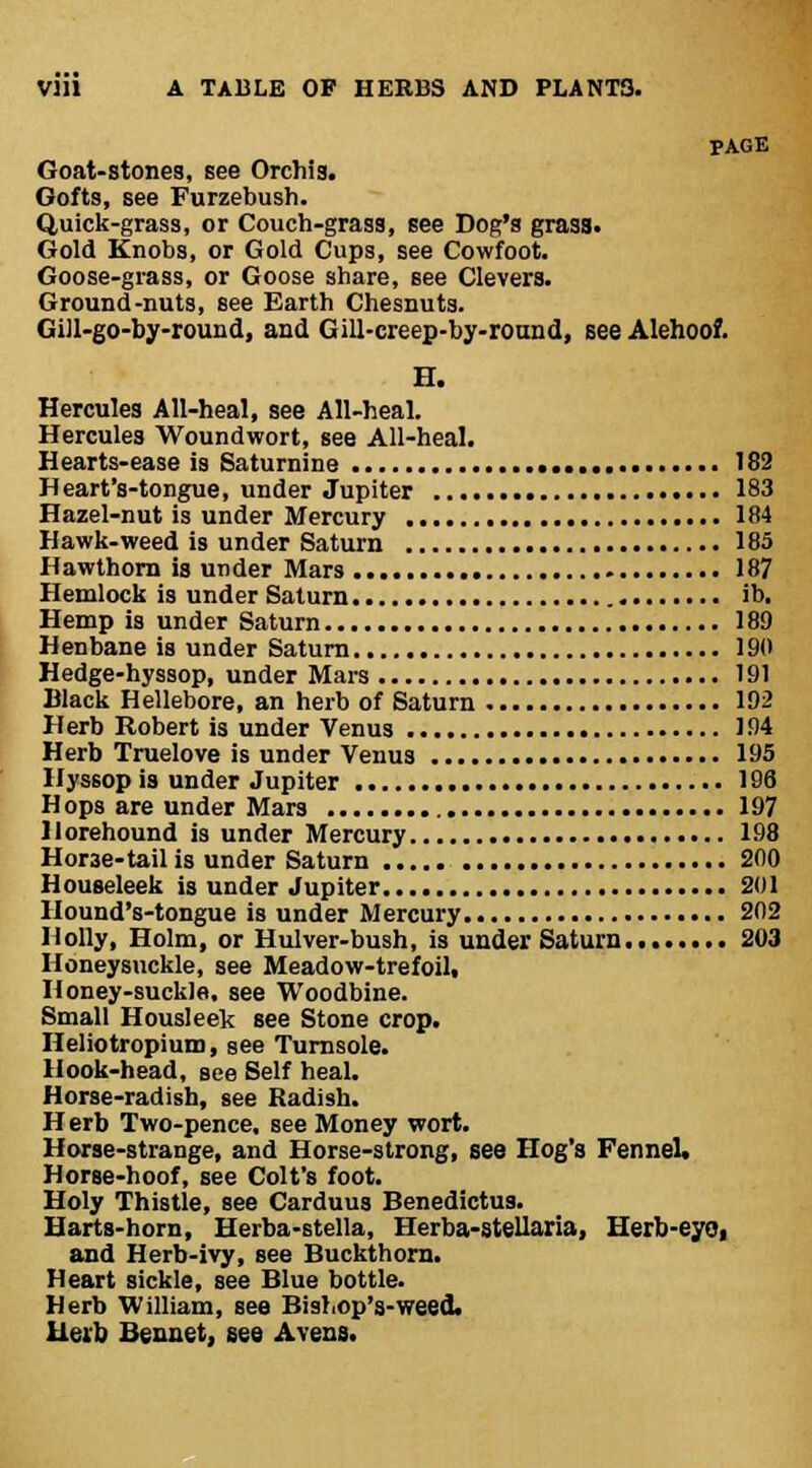 PAGE Goat-stones, see Orchis. Gofts, see Furzebush. Quick-grass, or Couch-grass, see Dog's grass. Gold Knobs, or Gold Cups, see Cowfoot. Goose-grass, or Goose share, see Olivers. Ground-nuts, see Earth Chesnuts. Gill-go-by-round, and Gill-creep-by-round, see Alehoof. H. Hercules All-heal, see All-heal. Hercules Woundwort, see All-heal. Hearts-ease is Saturnine 182 Heart's-tongue, under Jupiter 183 Hazel-nut is under Mercury 184 Hawk-weed is under Saturn 185 Hawthorn is under Mars 187 Hemlock is under Saturn ib. Hemp is under Saturn 189 Henbane is under Saturn 190 Hedge-hyssop, under Mars 191 Black Hellebore, an herb of Saturn 192 Herb Robert is under Venus 194 Herb Truelove is under Venus 195 Hyssop is under Jupiter 196 H ops are under Mars 197 llorehound is under Mercury 198 Hor3e-tail is under Saturn 200 Houseleek is under Jupiter 201 Hound's-tongue is under Mercury 202 Holly, Holm, or Hulver-bush, is under Saturn 203 Honeysuckle, see Meadow-trefoil, Honey-suckle, see Woodbine. Small Housleek see Stone crop. Heliotropium, see Turnsole. Hook-head, see Self heal. Horse-radish, see Radish. H erb Two-pence, see Money wort. Horse-strange, and Horse-strong, see Hog's Fennel. Horse-hoof, see Colt's foot. Holy Thistle, see Carduus Benedictus. Harts-horn, Herba-stella, Herba-stellaria, Herb-eyo, and Herb-ivy, see Buckthorn. Heart sickle, see Blue bottle- Herb William, see Bishop's-weed, Herb Benuet, see Avens.