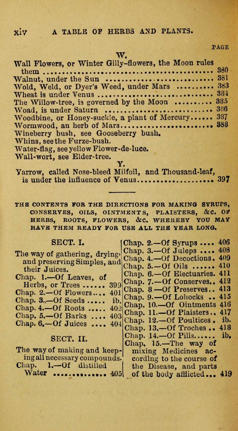 PAGE w. Wall Flowers, or Winter Gilly-flowerg, the Moon rules them 880 Walnut, under the Sun 381 Wold, Weld, or Dyer's Weed, under Mars 383 Wheat is under Venus 384 The Willow-tree, is governed by the Moon 385 Woad, is under Saturn 3: :(i Woodbine, or Honey-suckle, a plant of Mercury 387 Wormwood, an herb of Mars 388 Wineberry bush, see Gooseberry bush. Whins, seethe Furze-bush. Water-flag, see yellow Flower-de-luce. Wall-wort, see Elder-tree. Y. Yarrow, called Nose-bleed Milfoil, and Thousand-leaf, is under the influence of Venus 397 THB CONTENTS FOR THE DIRECTIONS FOR MAKING SYRUrS, CONSERVES, OILS, OINTMENTS, PLAISTERS, &0. OF HERBS, ROOTS, FLOWERS, &C. WHEREBY YOU MAY HAVE THEM READY FOR USE ALL THE YEAR LONO. SECT. I. IChap. 2—Of Syrups .... 406 The way of gathering, drying.!°|»aP- 3—Of Juleps .... 408 and preserving Simples, and £haP- 4.-Of Decoctions. 409 their Juices- ?haP- 5—Of Oils ...... 410 Chap. 1,—Of Leaves, of Herbs, or Trees 399 Chap. 2.—Of Flowers.... Chap. 3.,—Of Seeds ib. Chap. 4.—Of Roots 402 Chap. 5.—Of Barks .... 403 Chap. 6.—Of Juices .... 404 SECT. II. The way of making and keep- ing all necessary compounds Chap. 1.—Of distilled Water 405 Chap. 6.—Of Electuaries. 411 Chap. 7.—Of Conserves.. 412 Chap. 8—Of Preserves.. 413 Chap. 9.—Of Lohocks .. 415 Chap. 10.—Of Ointments 418 Chap. 11.—Of Plaisters,. 417 Chap. 12.—Of Poultices, ib. Chap. 13.—Of Troches .. 418 Chap. 14.—Of Pills ib. Chap. 15.—The way of mixing Medicines ac- cording to the course of the Disease, and parts .of the body afflicted... 419