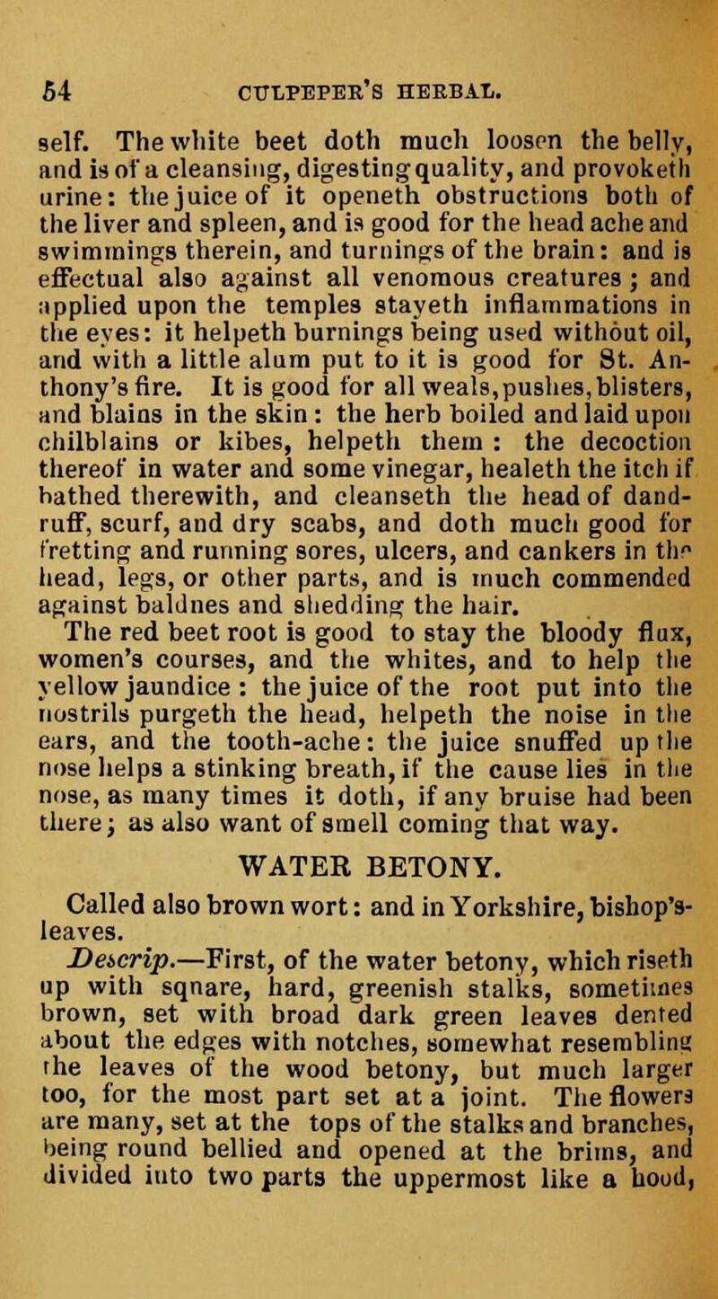 self. The white beet doth much loosen the belly, and is of a cleansing, digesting quality, and provoketh urine: the juice of it openeth obstructions both of the liver and spleen, and is good for the head ache and swimmings therein, and turnings of the brain: and is effectual also against all venomous creatures ; and applied upon the temples stayeth inflammations in the eyes: it helpeth burnings being used without oil, and with a little alum put to it is good for St. An- thony's fire. It is good for all weals,pushes,blisters, and Mains in the skin: the herb boiled and laid upon chilblains or kibes, helpeth them : the decoction thereof in water and some vinegar, healeth the itch if bathed therewith, and cleanseth the head of dand- ruff, scurf, and dry scabs, and doth much good for fretting and running sores, ulcers, and cankers in the head, legs, or other parts, and is much commended against baldnes and shedding the hair. The red beet root is good to stay the bloody flux, women's courses, and the whites, and to help the yellow jaundice : the juice of the root put into the nostrils purgeth the head, helpeth the noise in the ears, and the tooth-ache: the juice snuffed up the nose helps a stinking breath, if the cause lies in the nose, as many times it doth, if any bruise had been there; as also want of smell coming that way. WATER BETONY. Called also brown wort: and in Yorkshire, bishop's- leaves. Detcrip.—First, of the water betony, which riseth up with sqnare, hard, greenish stalks, sometimes brown, set with broad dark green leaves dented about the edges with notches, somewhat resemblina the leaves of the wood betony, but much larger too, for the most part set at a joint. The flowers are many, set at the tops of the stalks and branches, being round bellied and opened at the brims, and divided into two parts the uppermost like a hood,