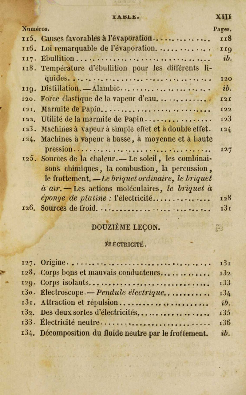 Numéros. Pages. 115. Causes favorables à l'é vaporation 118 116. Loi remarquable de l'évaporation 119 117. Ëbullition ib. 118. Température d'ébullition pour les différents li- quides 120 119. Distillation. — Alambic ib. 120. Force élastique delà vapeur d'eau 121 121. Marmite de Papin 122 122. Utilité de la marmite de Papin 123 123. Machines à vapeur à simple effet et à double effet. 124 124. Machines à vapeur à basse, à moyenne et à haute pression 127 125. Sources de la chaleur.— Le soleil, les combinai- sons chimiques, la combustion, la percussion, le frottement.—Le briquet ordinaire, le briquet à air. — Les actions moléculaires, le briquet à éponge de platine : l'électricité 128 126. Sources de froid i3i DOUZIÈME LEÇON. ÉLECTRICITÉ. 127. Origine i3i 128. Corps bojis et mauvais conducteurs i32 129. Corps isolants i33 i3o. Électroscope. — Pendule électrique 134 i3i. Attraction et répulsion ib. i32. Des deux sortes d'électricités i35 i33. Électricité neutre i36 i34. Décomposition du fluide neutre par le frottement. ib.