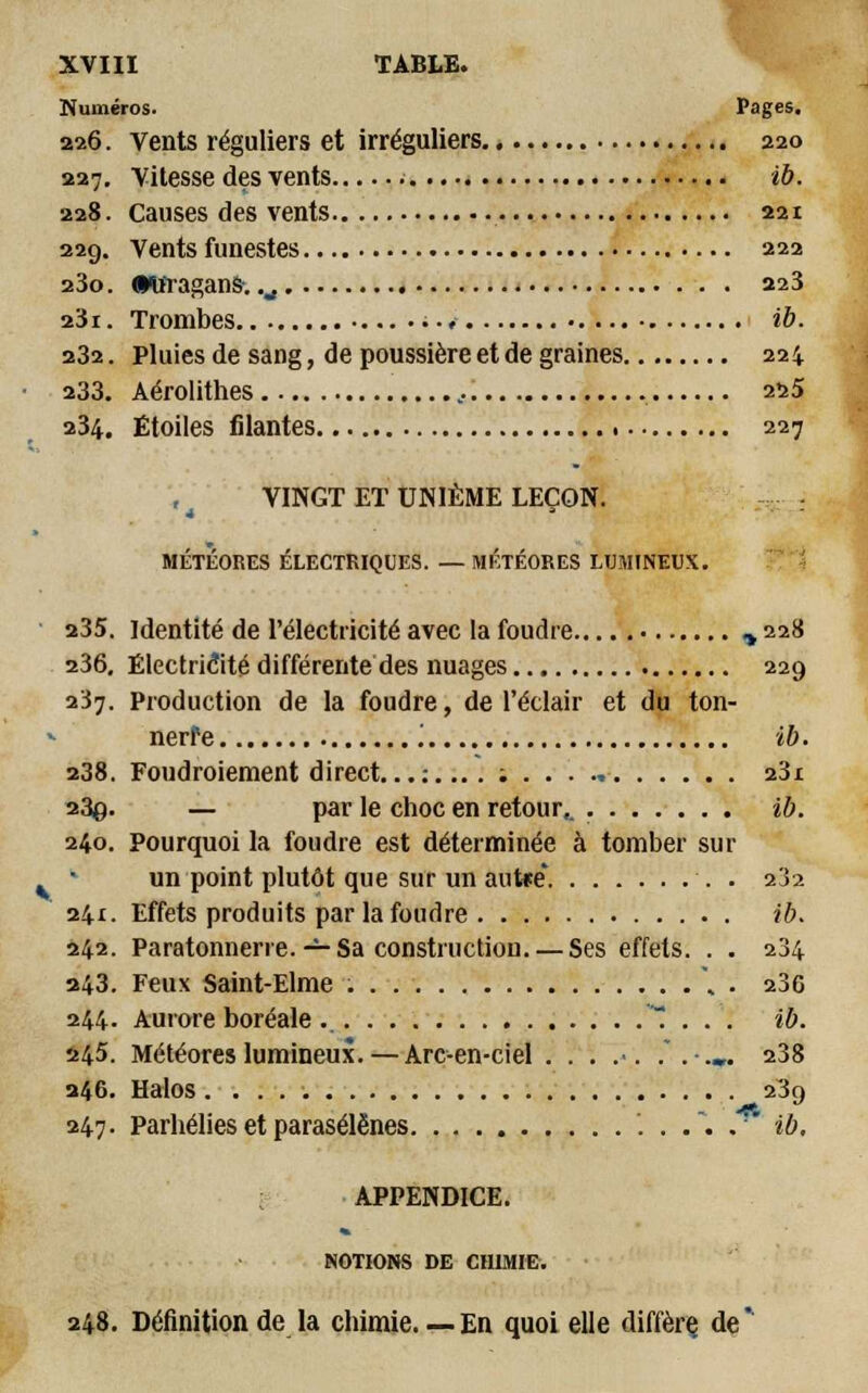 Numéros. Pages. 226. Vents réguliers et irréguliers 220 227. Vitesse des vents ib. 228. causes des vents 221 229. Vents funestes 222 230. «Hfragans-..,, 223 23i. Trombes ;.. ib. 232. Pluies de sang, de poussière et de graines 224 233. Aérolithes 225 234. Étoiles filantes 227 VINGT ET UNIÈME LEÇON. MÉTÉORES ÉLECTRIQUES. — MÉTÉORES LUMINEUX. 235. Identité de l'électricité avec la foudre , 228 236. Électricité différente des nuages 229 237. Production de la foudre, de l'éclair et du ton- ' nerfe '. ib. 238. Foudroiement direct...:.... : 23i 23q. — par le choc en retour,. ib. 240. Pourquoi la foudre est déterminée à tomber sur un point plutôt que sur un aut*e*. . 232 241. Effets produits par la foudre ib. 242. Paratonnerre. — Sa construction Ses effets. . . 234 243. Feux Saint-Elme , . 230 244. Aurore boréale ... ib. 245. Météores lumineux.—Arc-en-ciel . . . .■. .*.-.«,. 238 246. Halos 23g 247. Parhélies et parasélënes '..... ib, APPENDICE. NOTIONS DE CHIMIE. 248. Définition de la chimie. — En quoi elle diffère, de *