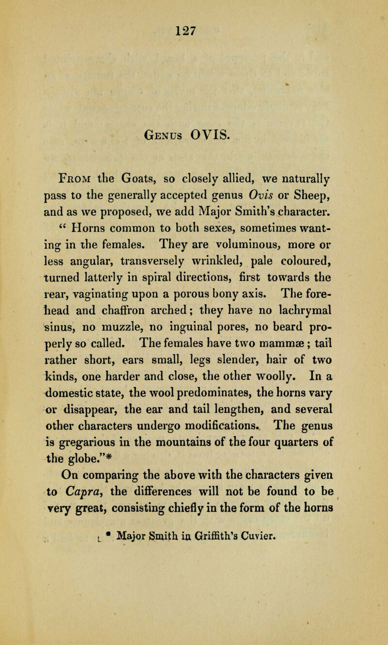 Genus OVIS. From the Goats, so closely allied, we naturally- pass to the generally accepted genus Ovis or Sheep, and as we proposed, we add Major Smith's character.  Horns common to both sexes, sometimes want- ing in the females. They are voluminous, more or less angular, transversely wrinkled, pale coloured, turned latterly in spiral directions, first towards the rear, vaginating upon a porous bony axis. The fore- head and chaffron arched; they have no lachrymal sinus, no muzzle, no inguinal pores, no beard pro- perly so called. The females have two mammae; tail rather short, ears small, legs slender, hair of two kinds, one harder and close, the other woolly. In a domestic state, the wool predominates, the horns vary or disappear, the ear and tail lengthen, and several other characters undergo modifications. The genus is gregarious in the mountains of the four quarters of the globe.* On comparing the above with the characters given to Capra, the differences will not be found to be very great, consisting chiefly in the form of the horns L * Major Smith ia Griffith's Cuvier.