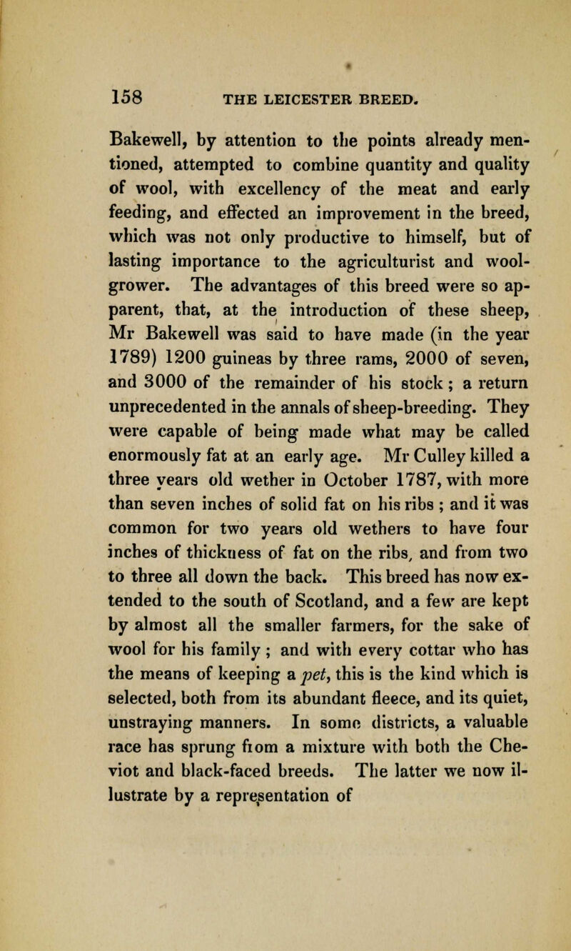 Bakewell, by attention to the points already men- tioned, attempted to combine quantity and quality of wool, with excellency of the meat and early feeding, and effected an improvement in the breed, which was not only productive to himself, but of lasting importance to the agriculturist and wool- grower. The advantages of this breed were so ap- parent, that, at the introduction oif these sheep, Mr Bakewell was said to have made (in the year 1789) 1200 guineas by three rams, 2000 of seven, and 3000 of the remainder of his stock; a return unprecedented in the annals of sheep-breeding. They were capable of being made what may be called enormously fat at an early age. Mr Culley killed a three years old wether in October 1787, with more than seven inches of solid fat on his ribs ; and it was common for two years old wethers to have four inches of thickness of fat on the ribs, and from two to three all down the back. This breed has now ex- tended to the south of Scotland, and a few are kept by almost all the smaller farmers, for the sake of wool for his family; and with every cottar who has the means of keeping a pet, this is the kind which is selected, both from its abundant fleece, and its quiet, unstraying manners. In some districts, a valuable race has sprung ftom a mixture with both the Che- viot and black-faced breeds. The latter we now il- lustrate by a representation of