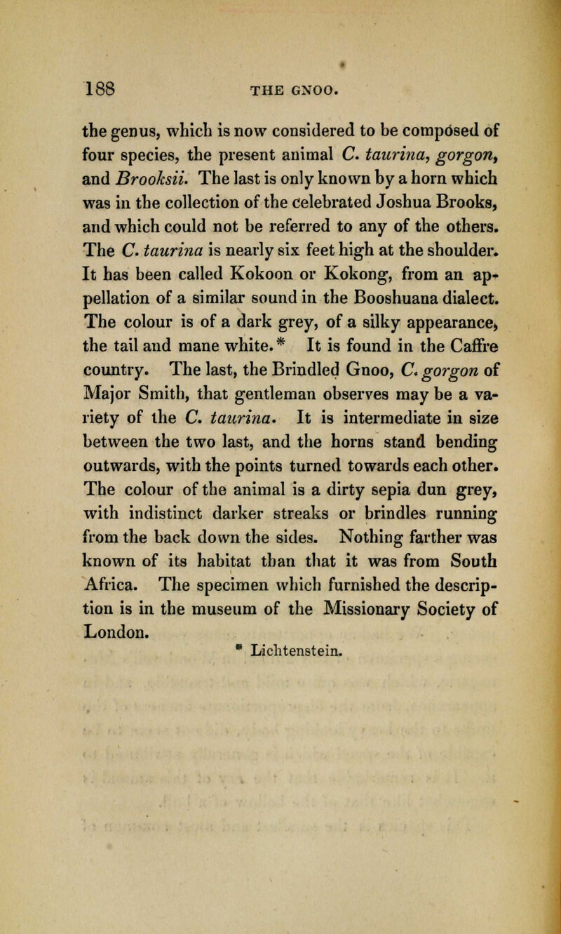 the genus, which is now considered to be composed of four species, the present animal C. taurina, gorgon, and Brooksii. The last is only known by a horn which was in the collection of the celebrated Joshua Brooks, and which could not be referred to any of the others. The C. taurina is nearly six feet high at the shoulder. It has been called Kokoon or Kokong, from an ap- pellation of a similar sound in the Booshuana dialect. The colour is of a dark grey, of a silky appearance, the tail and mane white.* It is found in the Caffre country. The last, the Brindled Gnoo, C. gorgon of Major Smith, that gentleman observes may be a va- riety of the C. taurina. It is intermediate in size between the two last, and the horns stand bending outwards, with the points turned towards each other. The colour of the animal is a dirty sepia dun grey, with indistinct darker streaks or brindles running from the back down the sides. Nothing farther was known of its habitat than that it was from South Africa. The specimen which furnished the descrip- tion is in the museum of the Missionary Society of London. * Liechtenstein.