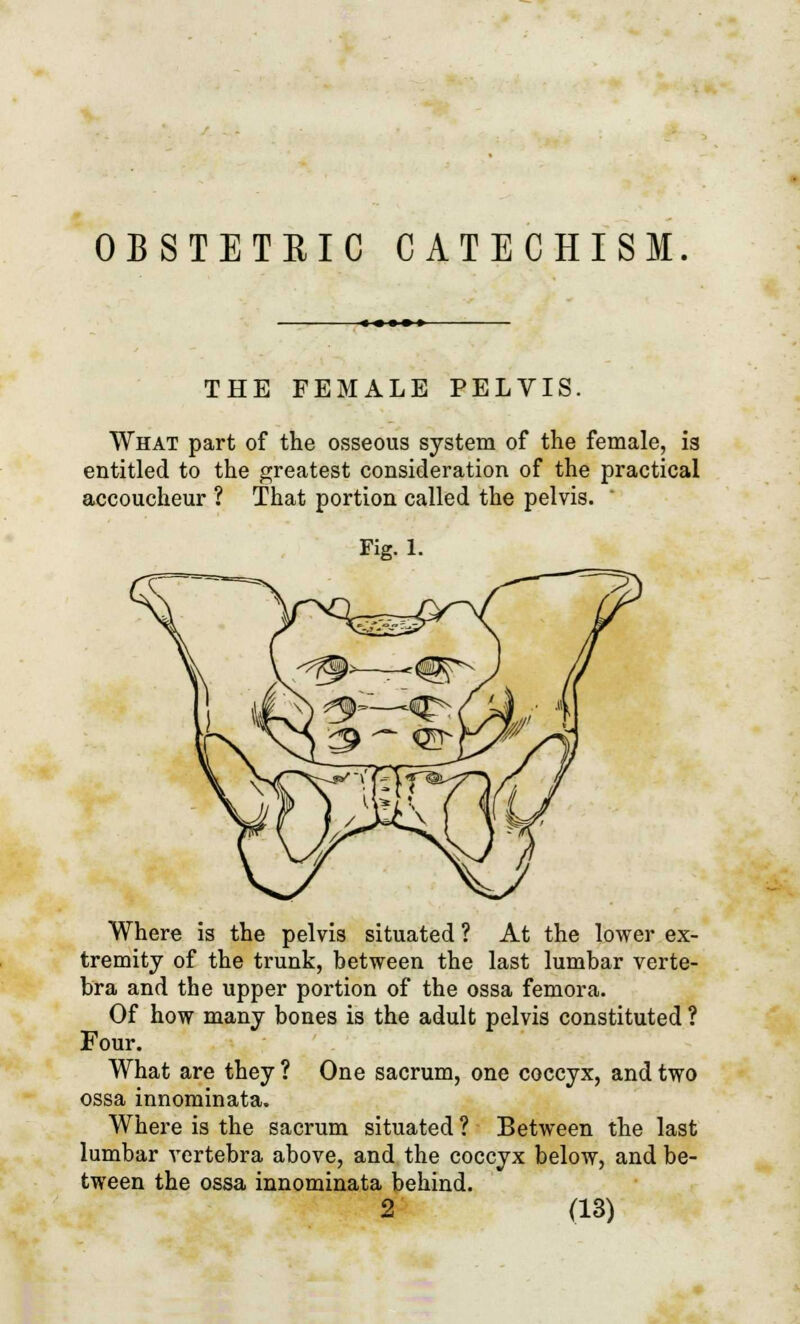 OBSTETRIC CATECHISM. THE FEMALE PELVIS. What part of the osseous system of the female, is entitled to the greatest consideration of the practical accoucheur ? That portion called the pelvis. Fig. 1. Where is the pelvis situated ? At the lower ex- tremity of the trunk, between the last lumbar verte- bra and the upper portion of the ossa femora. Of how many bones is the adult pelvis constituted ? Four. What are they ? One sacrum, one coccyx, and two ossa innominata. Where is the sacrum situated ? Between the last lumbar vertebra above, and the coccyx below, and be- tween the ossa innominata behind.
