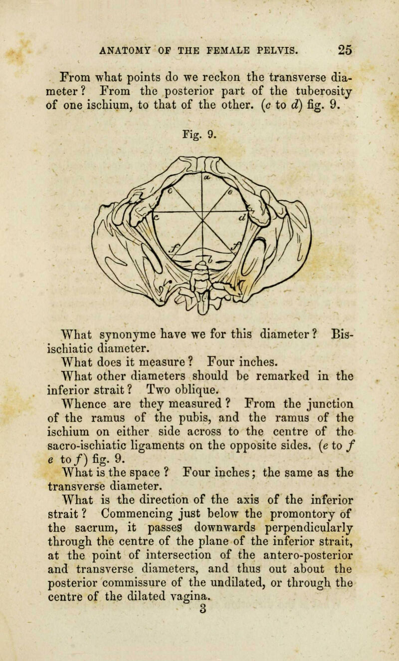 From what points do we reckon the transverse dia- meter ? From the posterior part of the tuberosity of one ischium, to that of the other, (c to d) fig. 9. Fig. 9. What synonyme have we for this diameter ? Bis- ischiatic diameter. What does it measure ? Four inches. What other diameters should be remarked in the inferior strait ? Two oblique. Whence are they measured ? From the junction of the ramus of the pubis, and the ramus of the ischium on either side across to the centre of the sacro-ischiatic ligaments on the opposite sides, (e to / e to/) fig. 9. What is the space ? Four inches; the same as the transverse diameter. What is the direction of the axis of the inferior strait ? Commencing just below the promontory of the sacrum, it passes downwards perpendicularly through the centre of the plane of the inferior strait, at the point of intersection of the antero-posterior and transverse diameters, and thus out about the posterior commissure of the undilated, or through the centre of the dilated vagina. 3