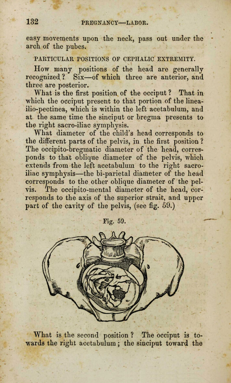 easy movements upon the neck, pass out under the arch of the pubes. PARTICULAR POSITIONS OF CEPHALIC EXTREMITY. How many positions of the head are generally recognized ? Six—of which three are anterior, and three are posterior. What is the first position of the occiput ? That in which the occiput present to that portion of the linea- ilio-pectinea, which is within the left acetabulum, and at the same time the sinciput or bregma presents to the right sacro-iliac symphysis. What diameter of the child's head corresponds to the different parts of the pelvis, in the first position ? The occipito-bregmatic diameter of the head, corres- ponds to that oblique diameter of the pelvis, which extends from the left acetabulum to the right sacro- iliac symphysis—the bi-parietal diameter of the head corresponds to the other oblique diameter of the pel- vis. The occipito-mental diameter of the head, cor- responds to the axis of the superior strait, and upper part of the cavity of the pelvis, (see fig. 59.) Fig. 59. What is the second position ? The occiput is to- wards the right acetabulum; the sinciput toward the