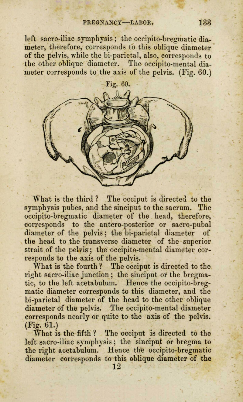 left sacro-iliac symphysis; the occipito-hregraatic dia- meter, therefore, corresponds to this oblique diameter of the pelvis, while the bi-parietal, also, corresponds to the other oblique diameter. The occipito-mental dia- meter corresponds to the axis of the pelvis. (Fig. 60.) Fig. 60. What is the third ? The occiput is directed to the symphysis pubes, and the sinciput to the sacrum. The occipito-bregmatic diameter of the head, therefore, corresponds to the antero-posterior or sacro-pubal diameter of the pelvis; the bi-parietal diameter of the head to the transverse diameter of the superior strait of the pelvis ; the occipito-mental diameter cor- responds to the axis of the pelvis. What is the fourth ? The occiput is directed to the right sacro-iliac junction ; the sinciput or the bregma- tic, to the left acetabulum. Hence the occipito-breg- matic diameter corresponds to this diameter, and the bi-parietal diameter of the head to the other oblique diameter of the pelvis. The occipito-mental diameter corresponds nearly or quite to the axis of the pelvis. (Fig. 61.) What is the fifth ? The occiput is directed to the left sacro-iliac symphysis; the sinciput or bregma to the right acetabulum. Hence the occipito-bregmatic diameter corresponds to this oblique diameter of the 12