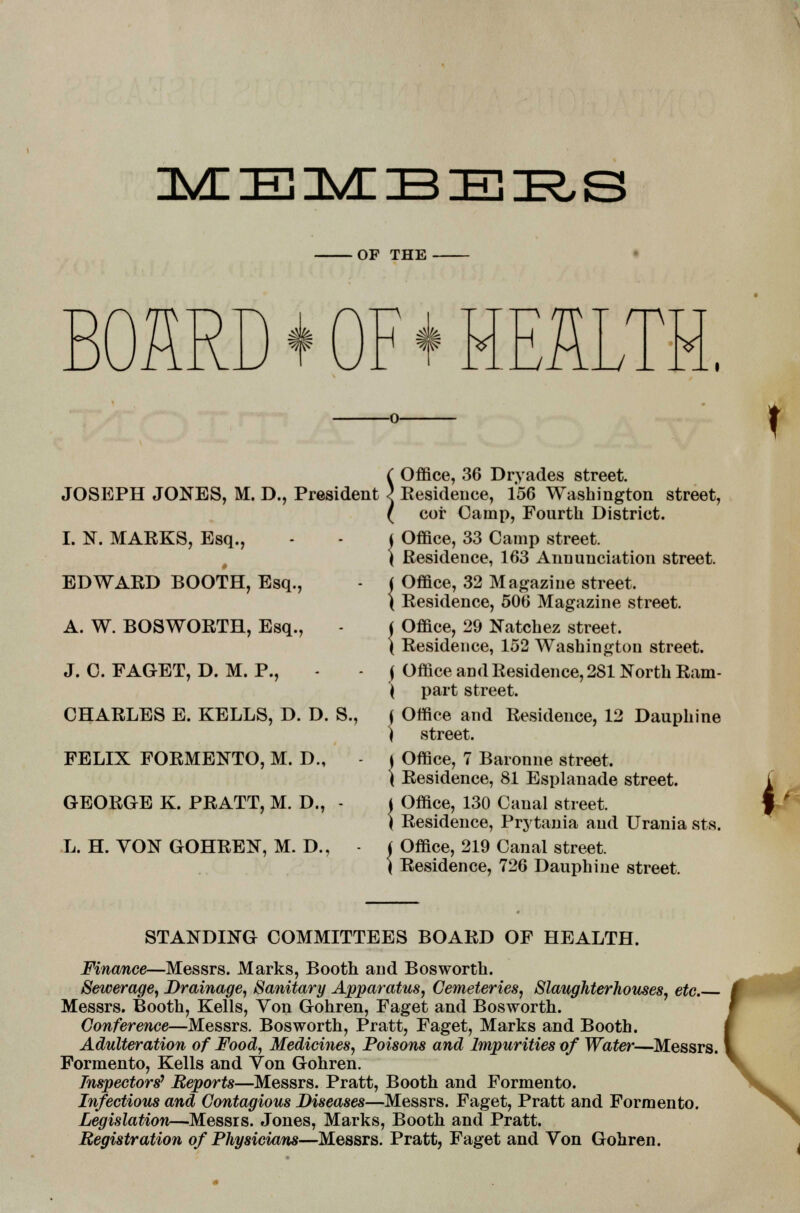 MEMBERS OF THE HI VH f JOSEPH JONES, M. D., President I. N. MARKS, Esq., EDWARD BOOTH, Esq., A. W. BOSWORTH, Esq., J. C. FAGET, D. M. P., CHARLES E. KELLS, D. D. S., FELIX FORMENTO, M. D., GEORGE K. PRATT, M. D., - L. H. YON GOHREN, M. D., Office, 36 Dryades street. Residence, 156 Washington street, cor Camp, Fourth District. Office, 33 Camp street. Residence, 163 Annunciation street. Office, 32 Magazine street. Residence, 506 Magazine street. Office, 29 Natchez street. Residence, 152 Washington street. Office and Residence, 2S1 North Ram- part street. Office and Residence, 12 Dauphine street. Office, 7 Baronne street. Residence, 81 Esplanade street. Office, 130 Canal street. Residence, Prytania and Urania sts. Office, 219 Canal street. Residence, 726 Dauphine street. * / STANDING COMMITTEES BOARD OF HEALTH. Finance—Messrs. Marks, Booth and Bosworth. Sewerage, Drainage, Sanitary Apparatus, Cemeteries, Slaughterhouses, etc. Messrs. Booth, Kells, Yon Gohren, Faget and Bosworth. Conference—Messrs. Bosworth, Pratt, Faget, Marks and Booth. Adulteration of Food, Medicines, Poisons and Impurities of Water—Messrs. Formento, Kells and Yon Gohren. Inspectors' Reports—Messrs. Pratt, Booth and Formento. Infectious and Contagious Diseases—Messrs. Faget, Pratt and Formento. Legislation—Messrs. Jones, Marks, Booth and Pratt. Registration of Physicians—Messrs. Pratt, Faget and Yon Gohren.