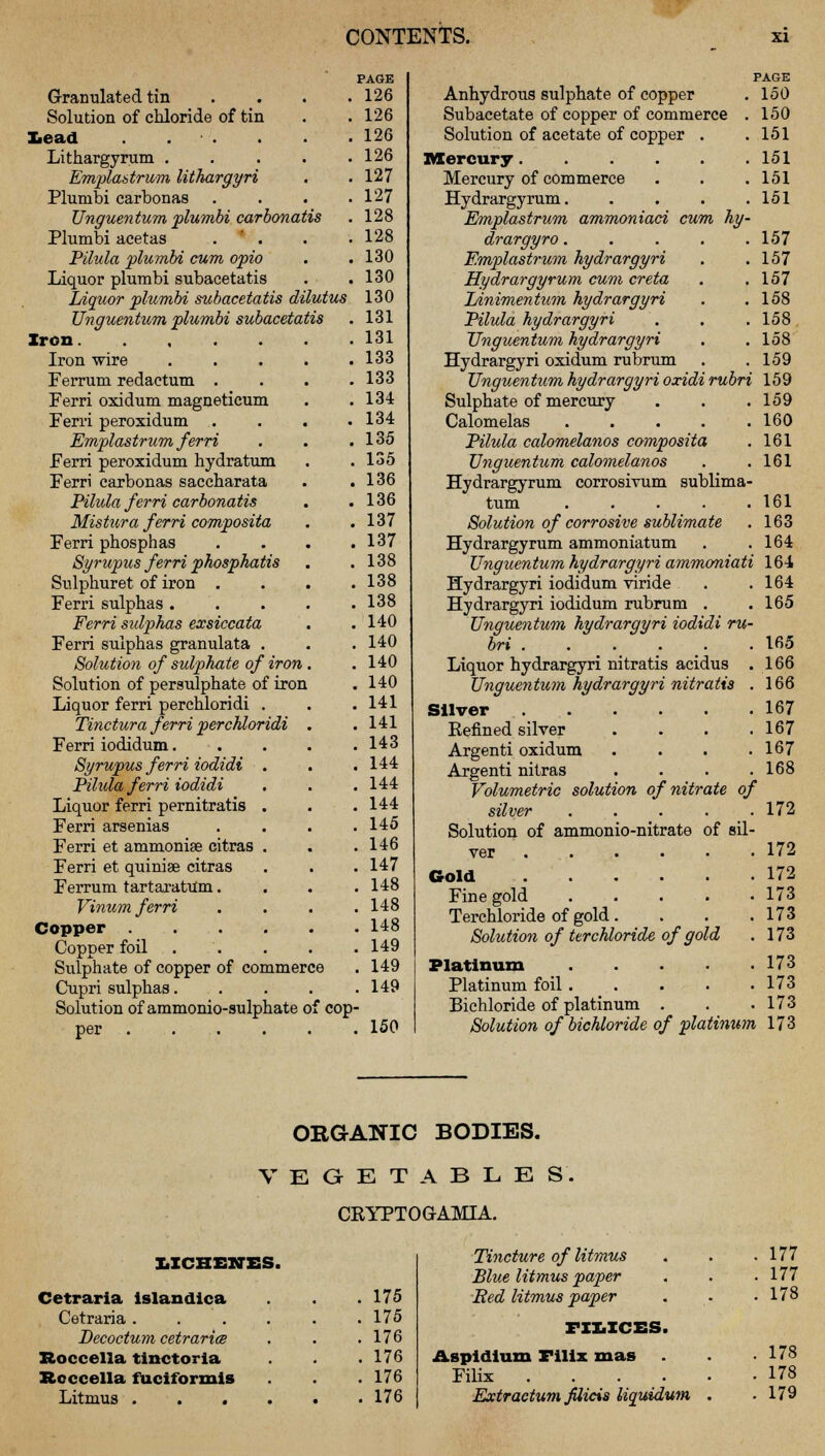 Granulated tin Solution of chloride of tin lead Lithargyrum . Emplastrum lithargyri Plumbi carbonas Unguentum plumbi carbonatis Plumbi acetas . ' . Pilula plumbi cum opio Liquor plumbi subacetatis Liquor plumbi subacetatis dilutus Unguentum plumbi subacetatis Iron. .... Iron wire Ferrum redactum . Ferri oxidum magneticum Ferri peroxidum Emplastrum ferri Ferri peroxidum hydratum Ferri carbonas saccharata Pilula ferri carbonatis Mistura ferri composita Ferri phosphas Syrupus ferri phosphatis Sulphuret of iron . Ferri sulphas . Ferri sulphas exsiccata Ferri sulphas granulata . Solution of sulphate of iron Solution of persulphate of iron Liquor ferri perchloridi . Tinctura ferri perchloridi Ferri iodidum. Syrupus ferri iodidi . Pilula ferri iodidi Liquor ferri pernitratis . Ferri arsenias Ferri et ammonise citras . Ferri et quinise citras Ferrum tartaratum. Vinum ferri Copper .... Copper foil Sulphate of copper of commerce Cupri sulphas. Solution of ammonio-sulphate of cop per .... PAGE 126 126 126 126 127 127 128 128 130 130 130 131 131 133 133 134 134 135 135 136 136 137 137 138 138 138 140 140 140 140 141 141 143 144 144 144 145 146 147 148 148 148 149 149 149 150 PAGE Anhydrous sulphate of copper . 150 Subacetate of copper of commerce . 150 Solution of acetate of copper . .151 Mercury 151 Mercury of commerce . . .151 Hydrargyrum 151 Emplastrum ammoniaci cum hy- drargyro . . . . .157 Emplastrum hydrargyri . .157 Hydrargyrum cum creta . .157 Linimentum hydrargyri . .158 Pilula hydrargyri . . .158 Unguentum hydrargyri . .158 Hydrargyri oxidum rubrum . .159 JJnguen turn hydrargyri oxidi rubri 159 Sulphate of mercury . . .159 Calomelas 160 Pilula calomelanos composita . 161 Unguentum calomelanos . .161 Hydrargyrum corrosivum sublima- tum . . . . .161 Solution of corrosive sublimate . 163 Hydrargyrum ammoniatum . .164 Unguentum hydrargyri ammoniati 164 Hydrargyri iodidum viride . .164 Hydrargyri iodidum rubrum . . 165 Unguentum hydrargyri iodidi ru- bri ...... 165 Liquor hydrargyri nitratis acidus .166 Unguentum hydrargyri nitratis . 166 Silver 167 Kefined silver . . . .167 Argenti oxidum . . . .167 Argenti nitras . . . .168 Volumetric solution of nitrate of silver ..... 172 Solution of ammonio-nitrate of sil- ver 172 Gold 172 Fine gold 173 Terchloride of gold. . . .173 Solution of terchloride of gold . 173 Platinum 173 Platinum foil 173 Bichloride of platinum . . .173 Solution of bichloride of platinum 173 ORGANIC BODIES. VEGETABLES. CEYPTOGAMIA. LICIIETJES. Cetraria islandica . 175 Cetraria .... . 175 Decoctum cetraria . 176 Roccella tinctoria . 176 Rcccella fuciformis . 176 Litmus .... . 176 Tincture of litmus Blue litmus paper Bed litmus paper FZXiXCfiS Aspldium Filiz mas Filix . Extractum JUicis Mquidum 111 111 178 178 178 179