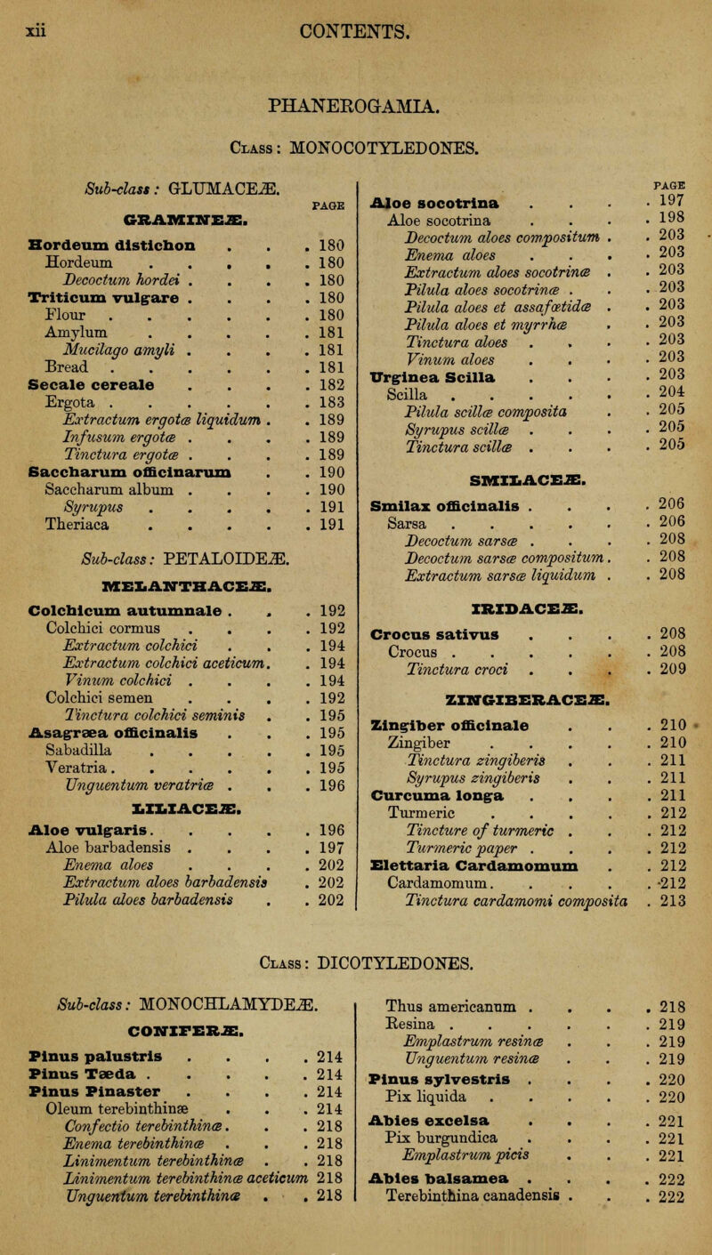 PHANEROGAMIA. Class: MONOCOTYLEDONES. Sub-class: GLUMACE^E. GSAMZNEJE. Hordeum distictaon . 180 Hordeum . . . . 180 Decoctum hordei . . 180 Triticum vulgare . . 180 . 180 Amylum . . 181 Mucilago amyli . . 181 . 181 Secale cereale . 182 . 183 Extractum ergota liquidum . 189 Infusum ergotcB . . 189 Tinctura ergotce . . 189 Saccharum officinarum . 190 Saccharum album . . 190 Syrupus . 191 Theriaca . 191 Sub-class: PETALOIDE M. IttE&ANTHACEJE Colcbicum autumnale . . 192 Colchici cormus . 192 Extractum colchici . 194 Extractum colchici aceticum . 194 Vinum colchici . . 194 Colchici semen . 192 Tinctura colchici seminis . 195 Asagraea officinalis . 195 Sabadilla . 195 Veratria.... . 195 Unguentum veratria . . 196 XiXXiXACEJE. Aloe vulgaris. . 196 Aloe barbadensis . . 197 Enema aloes . 202 Extractum aloes barbadensis . 202 Pilula aloes barbadensis . 202 Aloe socotrina Aloe socotrina Decoctum aloes compositum Enema aloes Extractum aloes socotrina Pilula aloes socotrina . Pilula aloes et assafcetida Pilula aloes et myrrha Tinctura aloes Vinum aloes TXrginea Scilla Scilla .... Pilula scilla composita Syrupus scilla Tinctura scilla . SMXXiACEJB. Smilax officinalis . Sarsa .... Decoctum sarsa . Decoctum sarsa compositum Extractum sarsa liquidum XSIDACE2E. Crocus sativus Crocus .... Tinctura croci ZXSTGZBERACEJE Zingiber officinale Zingiber Tinctura zingiberis Syrupus zingiberis Curcuma longa Turmeric Tincture of turmeric Turmeric paper . Elettaria Cardamomum Cardamomum. Tinctura cardamomi composita Class: DICOTYLEDONES. Sub-class: MONOCHLAMYDEJE. CONIFERS. Pinus palustris . . .214 Pinus Tseda 214 Pinus Pinaster . . . .214 Oleum terebinthinse . . .214 Confectio terebinthina. . .218 Enema terebinthina . . .218 Linimentum terebinthina . .218 Linimentum terebinthina aceticum 218 Unguentum terebinthina . .218 Thus americanum . Kesina . Emplastrum resina Unguentum, resina Pinus sylvestris Pix liquida Abies excelsa Pix burgundica Emplastrum picis Abies balsamea . Terebinthina canadensis