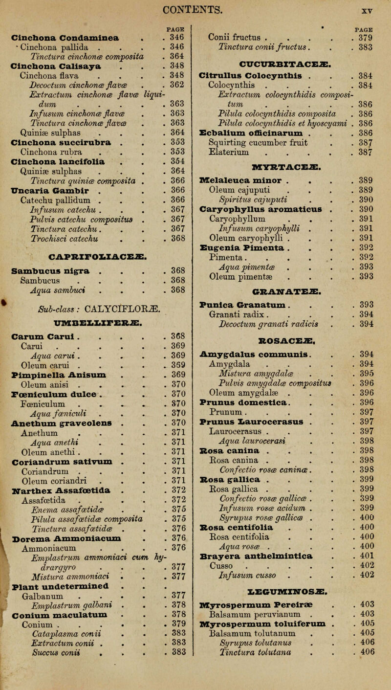 PAGE Cinchona Condaminea . . 346 • Cinchona pallida .... 346 Tinctura cinchona composita . 364 Cinchona Calisaya . . . 348 Cinchona flava . . . .348 Decoctum cinchona flava . . 362 Extractum cinchona flava liqui- dum ..... 363 Infusum cinchona flava . . 363 Tinctura cinchona flava . . 363 Quiniae sulphas .... 364 Cinchona succiruhra . . .353 Cinchona rubra .... 353 Cinchona lancifolia . . . 354 Quiniae sulphas . . . .364 Tinctura quinia composita . .366 Uncaria Gambir .... 366 Catechu pallidum . . . .366 Infusum catechu .... 367 Pulvis catechu compoaitua . . 367 Tinctura catechu.... 367 Trochisci catechu . . . 368 CAPRXFOXiXACEJE. Sambucus nigra . . . .368 Sambucus 368 Aqua sambuci . . . .368 Sub-class: CALYClFLOR^. UMBELLZFIiRJE. Carum Carui. . . . .368 Carui 369 Aqua carui. . . . .369 Oleum carui 359 Pimpinella Anisum . « . 369 Oleum anisi ..... 370 Foeniculum dulce .... 370 Fceniculum ..... 870 Aqua foeniculi .... 370 Anethum graveolens . . .370 Anethum . . . - .371 Aqua anethi .... 371 Oleum anethi 371 Coriandrum sativum . . .371 Coriandrum 371 Oleum coriandri . . . .371 War the x Assafoetida . . .372 Assafcetida . . . . .372 Enema assafoetida . . .375 Pilula assafatida composite . 375 Tinctura assafoztida . . .376 Dorema Ammoniacum . . 376 Ammoniacum .... 376 Emplastrum ammoniaci cum hy- drargyro . . . .377 Mistura ammoniaci . . .377 Plant undetermined Galbanum 377 Emplastrum galbani . . . 378 Conium maculatum . . .378 Conium ...... 379 Cataplasma conii . . . 383 Extractum conii . . • .383 Succua conii .... 383 Conii fructus . Tinctura conii fructus. CUCVRBITACEX. Citrullus Colocynthis . Colocynthis . Extractum colocynthidis composi- tum . . . . . Pilula colocynthidis composita Pilula colocynthidis et hyoscyami . Ecbalium officinarum . Squirting cucumber fruit Elaterium . . . . . MYRTACEJE. Melaleuca minor . . Oleum cajuputi Spiritus cajuputi Caryophyllus aromaticus Caryophyllum Infusum caryophylli . Oleum caryophylli . Eug-enia Pimenta . Pimenta.... Aqua pimenta Oleum pimentse GRANATE.2E. Punica Granatum. Granati radix. Decoctum granati radicis ROSACES, Amygrdalus communis Amygdala Mistura amygdala Pulvis amygdala compositua Oleum amygdalae . Prunus domestica. Prunum . Prunus Xiaurocerasus Laurocerasus . Aqua laurocerasi Rosa canina . Rosa canina . Confectio rosa canines Rosa gallica . Rosa gallica . Confectio rosa gallica Infusum rosa acidum Syrupus rosa gallica Rosa centifolia Rosa centifolia Aqua rosa . Brayera anthelmintica Cusso Infusum cusso XEGTJIVIINOSJE. Myrospermum Pereiree Balsamum peruvianum . IVTyrospermum toluiferum Balsamum tolutanum Syrupus tolutanus Tinctura tolutana PAGE . 379 . 383 384 384 386 386 386 386 387 387
