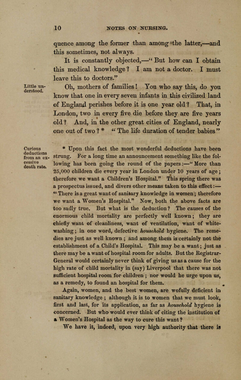 cessive death rate. 10 NOTES ON NURSING. quence among the former than among -the latter,—and this sometimes, not always. It is constantly objected,— But how can I obtain this medical knowledge % I am not a doctor. I must leave this to doctors. Little iin- Oh, mothers of families! Tou who say this, do you derstood. ' J ' J know that one in every seven infants in this civilized land of England perishes before it is one year old ? That, in London, two in every five die before they are five years old? And, in the other great cities of England, nearly one out of two f *  The life duration of tender babies  Curious * Upon this fact the most wonderful deductions have been from an ex- strung. For a long time an announcement something like the fol- lowing has been going the round of the papers:— More than 25,000 children die every year in London under 10 years of age ; therefore we want a Children's Hospital. This spring there was a prospectus issued, and divers other means taken to this effect:—  There is a great want of sanilary knowledge in women; therefore we want a Women's Hospital. Now, both the above facts are too sadly true. But what is the deduction ? The causes of the enormous child mortality are perfectly well known; they are chiefly want of cleanliness, want of ventilation, want of white- washing ; in one word, defective household hygiene. The reme- dies are just as well known ; and among them is certainly not the establishment of a Child's Hospital. This may be a want; just as there may be a want of hospital room for adults. But the Registrar- General would certainly never think of giving us as a cause for the high rate of child mortality in (say) Liverpool that there was not sufficient hospital room for children ; nor would he urge upon us, as a remedy, to found an hospital for them. Again, women, and the best women, are wofully deficient in sanitary knowledge ; although it is to women that we must look, first and last, for its application, as far as household hygiene is concerned. But who would ever think of citing the institution of a Women's Hospital as the way to cure this want ? We have it, indeed, upon very high authority that there is