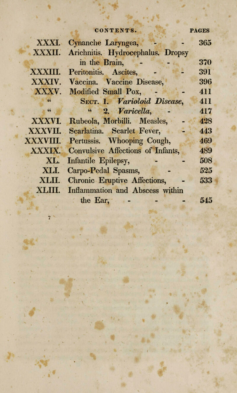 XXXI. Cynanche Laryngea, 365 XXXII. Arichnitis. Hydrocephalus. Dropsy in the Brain, 370 XXXIII. Peritonitis. Ascites, 391 XXXIV. Vaccina. Vaccine Disease, 396 XXXV. Modified Small Pox, 411 i( Sect. 1. Varioloid Disease, 411 u  2. Varicella, 417 XXXVI. Rubeola, Morbilli. Measles, 428 xxxvn. Scarlatina. Scarlet Fever, 443 XXXVIII. Pertussis. Whooping Cough, 469 XXXIX. Convulsive Affections of Infants, 489 XL. Infantile Epilepsy, 508 XLI. Carpo-Pedal Spasms, 525 XLII. Chronic Eruptive Affections, 533 XLIII. Inflammation and Abscess within the Ear, - 545 <& *?*'