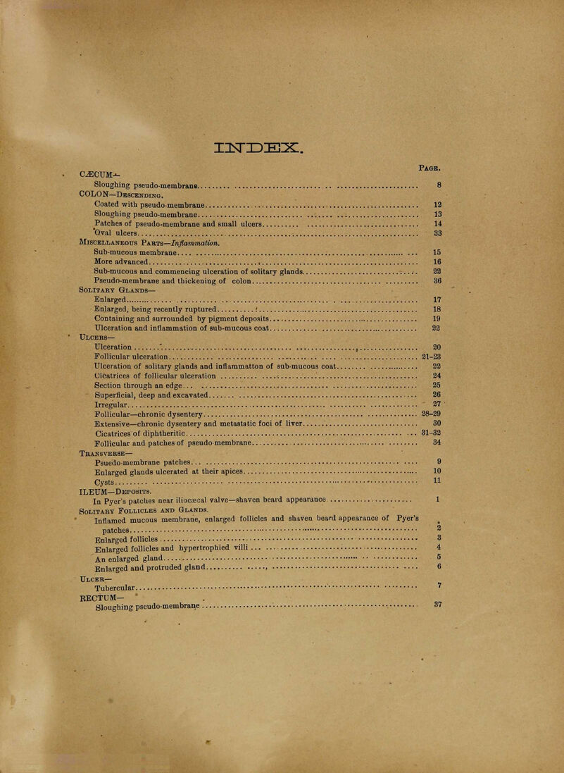 IILTIDIEJZX. Page. CiECUM-*- Sloughing pseudo-membrane 8 COLON—Descending. Coated with pseudo-membrane 12 Sloughing pseudo-membrane 13 Patches of pseudo-membrane and small ulcers 14 Oval ulcers , 33 Miscellaneous Parts—Inflammation. Sub-mucous membrane 15 More advanced 16 Sub-mucous and commencing ulceration of solitary glands 22 Pseudo-membrane and thickening of colon 36 Solitary Glands— Enlarged 17 Enlarged, being recently ruptured : 18 Containing and surrounded by pigment deposits 19 Ulceration and inflammation of sub-mucous coat 22 Ulcers— Ulceration *. , 20 Follicular ulceration 21-23 Ulceration of solitary glands and inflammation of sub-mucous coat 22 (Jicatrices of follicular ulceration '. 24 Section through an edge 25 Superficial, deep and excavated 26 Irregular 27 Follicular—chronic dysentery 28-29 Extensive—chronic dysentery and metastatic foci of liver 30 Cicatrices of diphtheritic ■ 31-32 Follicular and patches of pseudo membrane 34 Transverse— Psuedo-membrane patches 9 Enlarged glands ulcerated at their apices 10 Cysts ' H ILEUM—Deposits. In Pyer's patches near iliocoecal valve—shaven beard appearance 1 Solitary Follicles and Glands. Inflamed mucous membrane, enlarged follicles and shaven beard appearance of Pyer's % Enlarged follicles Enlarged follicles and hypertrophied villi . An enlarged gland Enlarged and protruded gland Ulcer— Tubercular RECTUM— ' Sloughing pseudo-membrane