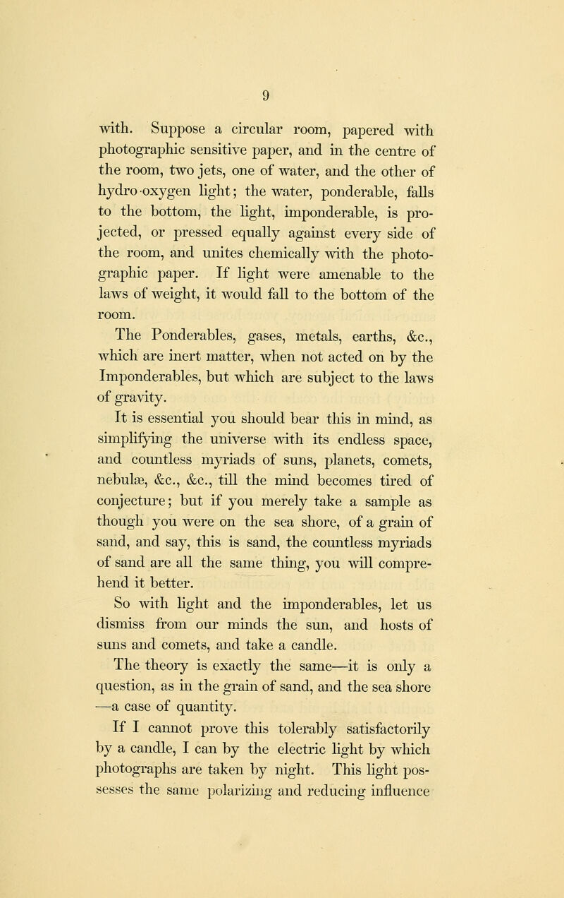 with. Suppose a circular room, papered with photographic sensitive paper, and in the centre of the room, two jets, one of water, and the other of hydro oxygen light; the water, ponderable, falls to the bottom, the light, imponderable, is pro- jected, or pressed equally agamst every side of the room, and unites chemically with the photo- graphic paper. If light were amenable to the laws of weight, it would fall to the bottom of the room. The Ponderables, gases, metals, earths, &c., which are inert matter, when not acted on by the Imponderables, but which are subject to the laws of gravity. It is essential you should bear this in mmd, as simplifying the universe with its endless space, and countless myriads of suns, planets, comets, nebulae, &c., &c., till the mind becomes tired of conjecture; but if you merely take a sample as though you were on the sea shore, of a gram of sand, and say, this is sand, the countless myriads of sand are all the same thing, you will compre- hend it better. So with light and the imponderables, let us dismiss from our minds the sun, and hosts of smis and comets, and take a candle. The theory is exactly the same—it is only a question, as m the grain of sand, and the sea shore —a case of quantity. If I camiot prove this tolerably satisfactorily by a candle, I can by the electric light by which photographs are taken by night. This light pos- sesses the same polarizuig and reducing influence
