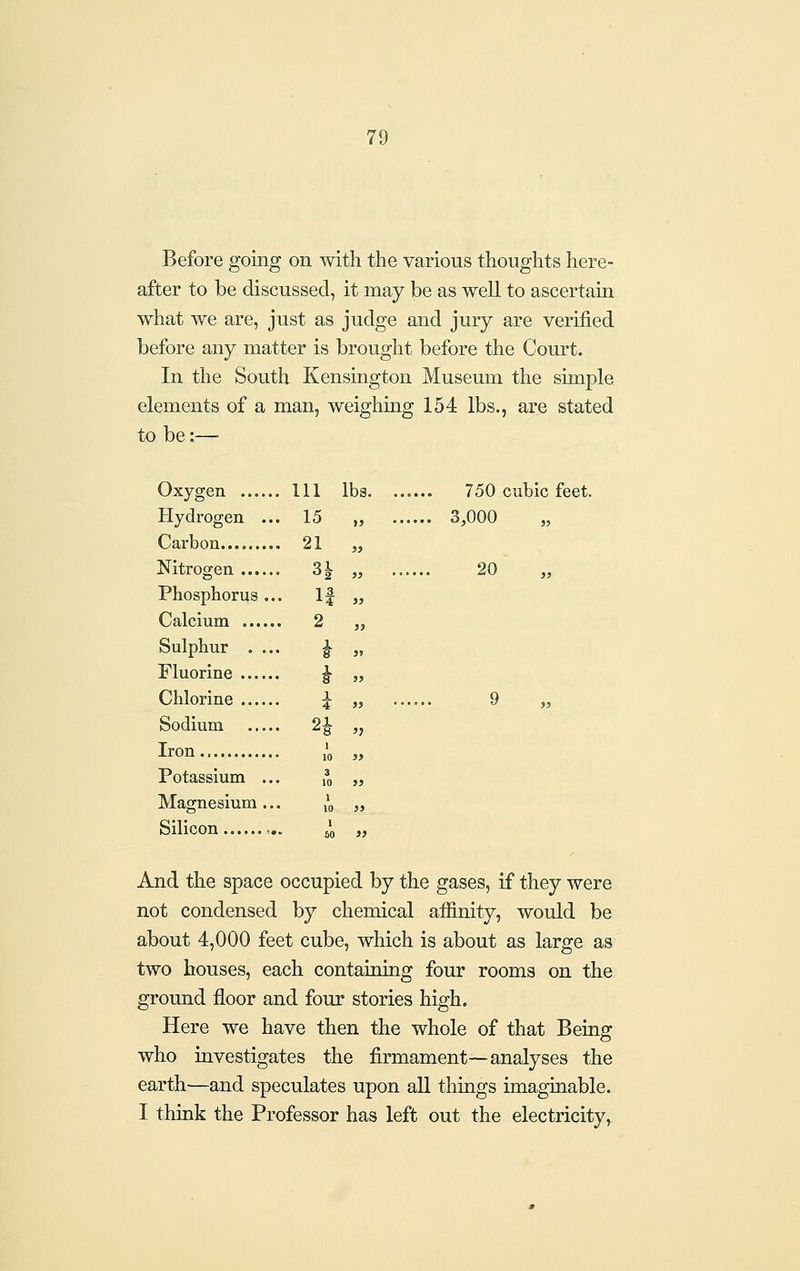 Before going on mth the various thoughts here- after to be discussed, it may be as well to ascertain what we are, just as judge and jury are verified before any matter is brought before the Court. In the South Kensington Museum the simple elements of a man, weighmg 154 lbs., are stated to be:— Oxygen . Ill lbs. ...... 750 cubic feet Hydrogen .. . 15 , , 3,000 „ Carbon . 21 , Nitrogen . 31 , 20 Phosphorus .. . If , Calcium ' 2 , } Sulphur . .. . i , Fluorine . i , Chlorine X 4 J 9 „ Sodium .... . 2^ , Iron 1 10 ) Potassium .. 3 10 } Magnesium .. 1 10 > J Sihcon ,. 1 50 ) } And the space occupied by the gases, if they were not condensed by chemical affinity, would be about 4,000 feet cube, which is about as large as two houses, each containing four rooms on the ground floor and four stories high. Here we have then the whole of that Being who investigates the firmament—analyses the earth—and speculates upon all things imaginable. I think the Professor has left out the electricity,