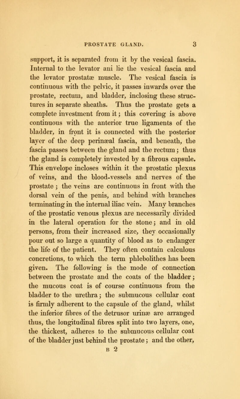 support, it is separated from it by the vesical fascia. Internal to the levator ani lie the vesical fascia and the levator prostata? muscle. The vesical fascia is continuous with the pelvic, it passes inwards over the prostate, rectum, and bladder, inclosing these struc- tures in separate sheaths. Thus the prostate gets a complete investment from it; this covering is above continuous with the anterior true ligaments of the bladder, in front it is connected with the posterior layer of the deep perinaeal fascia, and beneath, the fascia passes between the gland and the rectum; thus the gland is completely invested by a fibrous capsule. This envelope incloses within it the prostatic plexus of veins, and the blood-vessels and nerves of the prostate; the veins are continuous in front with the dorsal vein of the penis, and behind with branches terminating in the internal iliac vein. Many branches of the prostatic venous plexus are necessarily divided in the lateral operation for the stone; and in old persons, from their increased size, they occasionally pour out so large a quantity of blood as to endanger the life of the patient. They often contain calculous concretions, to which the term phlebolithes has been given. The following is the mode of connection between the prostate and the coats of the bladder; the mucous coat is of course continuous from the bladder to the urethra; the submucous cellular coat is firmly adherent to the capsule of the gland, whilst the inferior fibres of the detrusor urinae are arranged thus, the longitudinal fibres split into two layers, one, the thickest, adheres to the submucous cellular coat of the bladder just behind the prostate; and the other, b 2