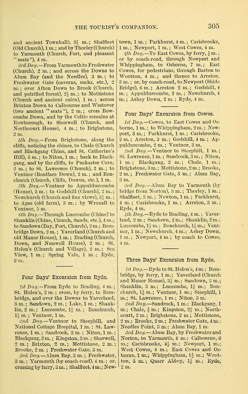 and ancient Townhall), 3^ m.; Shalfleet (Old Church), 1 m.; and by Thorley (Church) to Yarmouth (Church, Fort, and pleasant seats), 4 m. 3rd X>«(/.—From Yarmouth to Freshwater (Church), 2 m.; and across the Downs to Alum Bay (and the Needles), 3 m.; to Freshwater Gate (caverns, rocks, etc.), 2 m.; over Afton Down to Brook (Church, and petrified forest), 2J m.; to Mottistone (Church and ancient cairn), 1 m.; across Brixton Down to Calbourne and AYestover (two ancient seats), 2 m.; cross Bow- combe Down, and by the Celtic remains at Rowborough, to Shorwell (Church, and Northcourt House), 4 m.; to Brighstone, 2 m. /fth Day.—From Brighstone, along the cliffs, noticing the chines, to Chale (Church and Blackgang Chine, and St. Catherine's Hill), 5 m.; to Niton, 1 m.; back to Black- gang, and by the cliffs, to Puckaster Cove, 2 m.; to St. Lawrence (Church), 2 m.; to Ventnor (Boniface Down), 2 m.; and Bon- churcli (Church, Cliffs, Downs, etc.), 1 m. 5th Da?/.—Ventnor to Appuldurcombe (House), 3 m.; to Codshill (Church), 2 m.; Newchurch (Church and fine views), S^t m.; to Apse (old farm), 3 m.; by Wroxall to Ventnor, 5 m. 6th Day.—Through Luccombe (Chine) to Shanklin (Chine, Church, Sands, etc.), 4 m.; to Sandown(Bay, Fort, Church), 2 m.; Bern- bridge Down, 2 m.; Yaverland (Church and old Manor House), 1 m.; Brading (Church, Down, and Nunwell House), 2 m. ; St. Helen's (Church and Village), 2 m.; Sea View, 1 m.; Spring Vale, 1 m.; Ryde, 2 m. Four Days' Excursion from Ryde. 1st Day.—From Ryde to Brading, 4 m.; St. Helen's, 2 m.; cross, by ferry, to Bem- bridge, and over the Downs to Yaverland, 3 m.; Sandown, 2 m.; Lake, 1 m.; Shank- lin, 2 m.; Luccombe, 1^ m.; Bonchurch, 1| m.; Ventnor, 1 m. 2nd Day.—Ventnor to Steephill, and National Cottage Hospital, 1 m.; St. Law- rence, 1 m.; Sandrock, 2 m.; Niton, 1 m.; Blackgang, 2 m.; Kingston, 3 m. ; Shorwell, 2 m.; Brixton, 2 m.; Mottistone, 2 m.; Brooke, 2 m. ; Freshwater Gate, 3 m. Srd Day.—Alum Bay, 3 m.; Freshwater, 3 m.; Yarmouth (by coach-road), 4 m.; or, crossing by ferry, 3 m.; Shalfleet, 4 m.; New- town, 1 m.; Parkhurst, 4 m.; Carisbrooke, 1 m.; Newport, 1 m.; AVest Cowes, 4 m. /tth Day.—To East Cowes, by ferry, hra.; or by coach-road, through Newport and WhipiDingham, to Osborne, 7 m.; East Cowes, for pedestrians, through Barton to Wootton, 4 m.; and thence to Arreton, 3 m.; or, by coach-road, to Newport (Shide Bridge), 6 m.; Arreton 2 m.; Godsliill, 4 m.; Appuldurcombe, 2 m.; Newchurch, 4 m.; Ashey Down, 2 m.; Ryde, 4 m. Four Days' Excursion from Cowes. 1st Day.—Cowes, to East Cowes and Os- borne, 1 m.; to Whippingham, 2 m.; New- port, 3 m.; Parkhurst, 1 m.; Carisbrooke, 2 m.; Arreton, 3 m.; Godshill, 4 m.; Ap- puldurcombe, 2 m.; Ventnor, 3 m. 2nd Day.—Ventnor to Steephill, 1 m.; St. Lawrence, 1 m.; Sandrock, 3 m.; Niton, 1 m. ; Blackgang, 2 m.; Chale, 1 m.; Brighstone, 3 m.; Mottistone, 2 m.; Brooke, 2 m.; Freshwater Gate, 3 m.; Alum Bay, 3 m. ord Day.—Alum Bay to Yarmouth (by bridge from Norton), 3 m.; Thorley, 1 m.; Shalfleet, 3 m.; Newton, 1 m.; Parkhurst, 4 m.; Carisbrooke, 1 m.; Arreton, 3 m.; Ryde, 4 m. Uth Day.—Ryde to Brading, 4 m.; Yaver- land, 2 m.; Sandown, 2 m.; Shanklin, 2 m.; Luccombe, li m.; Bonchurch, Ih m.; Vent- nor, 1 m.; Newchurch, 4 m.; Ashey Down, 1 m.; Newport, 4 m.; by coach to Cowes, 4 m. Three Days' Excursion from Ryde. 1st Day.—Ryde to St. Helen's, 4 m.; Bem- bridge, by ferry, 1 m.; Yaverland (Church and Manor House), oh m.; Sandown, 2 m.; Shanklin, 3 m.; Luccombe, 1^ m.; Bon- church, lim.; Ventnor, 1 m.; Steephill, 1 m.; St. Lawrence, 1 m.; Niton, 3 m. 2nd Day.—Sandrock, 1 m.; Blackgang, 1 m.; Chale, Am.; Kingston, 2^ m.; North- court, 2 m.; Brighstone, 2 m.; Mottistone, 2 m.; Brooke, 2 m.; Freshwater Gate, 4 m.; Needles Point, 3 m.; Alum Bay, 1 m. Srd Day.—Alum Bay, by Freshwater and Norton, to Yarmouth, 4 m.; Calbourne, 6 m.; Carisbrooke, 4i- m.; Newport, 1 m.; West Cowes, 4 m.; East Cowes and Os- borne, 1 m.; Whippingham, Ij m.; Woot- ton, 3 m.; Quarr Abbey, 1|- m.; Ryde,