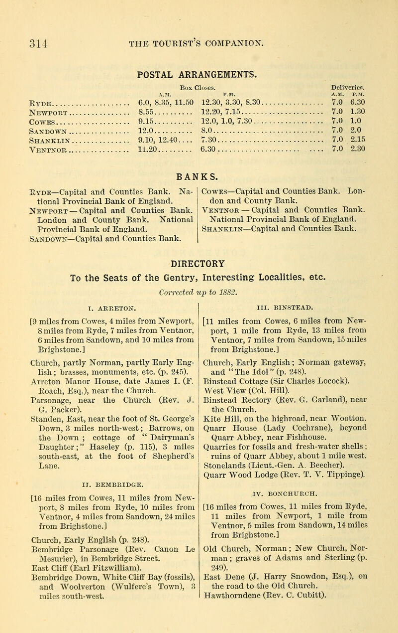POSTAL ARRANGEMENTS. Box Closes. A.M. P.M. Ryde 6.0, 8.35, 11.50 12.30, 3.30, 8.30 Newport . COAVES Sandown .. Shanklin , 8.55 9.15 12.0 9.10, 12.40.. Ventxor 11. A.M. P.J[. 7.0 6.30 12.20,7.15 7.0 1.30 12.0,1.0,7.30 7.0 1.0 8.0 7.0 2.0 7.30 7.0 2.15 6.30 7.0 2.30 BANKS. S,YDE—Capital and Counties Bank. Na- tional Provincial Bank of England. Newport — Capital and Counties Bank. London and County Bank. National Provincial Bank of England. San DOWN—Capital and Counties Bank. CowES—Capital and Counties Bank. Lon- don and County Bank. Ventnor — Capital and Counties Bank. National Provincial Bank of England. Shanklin—Capital and Counties Bank. DIRECTORY To the Seats of the Gentry, Interesting Localities, etc. Corrected up to 1882. T, ARRETON. [9 miles from Cowes, 4 miles from Newport, 8 miles from Eyde, 7 miles from Ventnor, 6 miles from Sandown, and 10 miles from Brighstone.] Church, partly Norman, partly Early Eng- lish ; brasses, monuments, etc. (p. 245). Arreton Manor House, date James I. (F. Ptoach, Esq.), near the Church. Parsonage, near the Church (Eev. J. G. Packer). Standen, East, near the foot of St. George's Down, 3 miles north-west; Barrows, on the Down ; cottage of  Dairyman's Daughter; Haseley (p. 115), 3 miles south-east, at the foot of Shepherd's Lane. IT. BEMBRIDGE. [16 miles from Cowes, 11 miles from New- port, 8 miles from P^yde, 10 miles from Ventnor, 4 miles from Sandown, 24 miles from Brighstone.] Church, Early English (p. 248). Bembridge Parsonage (Eev. Canon Le Mesurier), in Bembridge Street. East Cliff (Earl Fitzwilliam). Bembridge Down, White Cliff Bay (fossils), and Woolverton (Wulfere's Town), 3 miles south-west. III. BINSTEAD. [ll miles from Cowes, 6 miles from New- port, 1 mile from Pyde, 13 miles from Ventnor, 7 miles from Sandown, 15 miles from Brighstone.] Church, Early English; Norman gateway, and The Idol (p. 248). Binstead Cottage (Sir Charles Locock). West View (Col. Hill). Binstead Rectory (Rev. G. Garland), near the Church. Kite Hill, on the highroad, near Wbotton. Quarr House (Lady Cochrane), beyond Quarr Abbey, near Fishhouse. Quarries for fossils and fresh-water shells ; ruins of Quarr Abbey, about 1 mile west. Stonelands (Lieut.-Gen. A. Beecher). Quarr Wood Lodge (Rev. T. V. Tippinge). IV. BONCHURCH. [16 miles from Cowes, 11 miles from Ryde, 11 miles from Newport, 1 mile from Ventnor, 5 miles from Sandown, 14 miles from Brighstone.] Old Church, Norman; New Church, Nor- man; graves of Adams and Sterling (p. 249). East Dene (J. Harry Snowdon, Esq.), on the road to the Old Church. Hawthorndene (Rev. C. Cubitt).