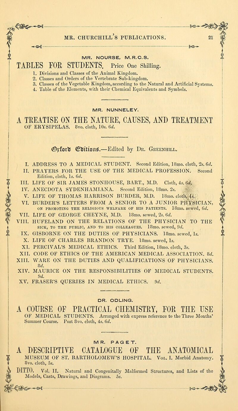 MR. CHURCHILL S PUBLICATIONS. 21 —£>£ ■ 5<@—- MR. NOURSE, M.R.C.S. TABLES FOE STUDENTS. Price One Shilling. 1. Divisions and Classes of the Animal Kingdom. 2. Classes and Orders of the Vertebrate Sub-kingdom. 3. Classes of the Vegetable Kingdom, according to the Natural and Artificial Systems. 4. Table of the Elements, with their Chemical Equivalents and Symbols. MR. NUNNELEY. A TREATISE ON THE NATURE, CAUSES, AND TREATMENT OF ERYSIPELAS. 8vo. cloth, 10s. 6d. ©jtforfc (£titttong.—Edited by Dr. Geeenhill. I. ADDRESS TO A MEDICAL STUDENT. Second Edition, 18mo. cloth, 2s. 6d. II. PRAYERS FOR THE USE OF THE MEDICAL PROFESSION. Second Edition, cloth, Is. 6d. III. LIFE OF SIR JAMES STONHOUSE, BART., M.D. Cloth, 4s. 6d. IV. ANECDOTA SYDENHAMIANA. Second Edition, 18mo. 2s. V. LIFE OF THOMAS HARRISON BURDER, M.D. 18mo. clothes., VI. BURDER'S LETTERS FROM A SENIOR TO A JUNIOR PHYSICIAN, ON PROMOTING THE RELIGIOUS WELFARE OF HIS PATIENTS. 18mO. Sewed, 6d. VII. LIFE OF GEORGE CHEYNE, M.D. 18mo. sewed, 2s. 6d. VIII. HUFELAND ON THE RELATIONS OF THE PHYSICIAN TO THE SICK, TO THE PUBLIC, AND TO HIS COLLEAGUES. 18mo. Sewed, 9d. IX. GISBORNE ON THE DUTIES OF PHYSICIANS. 18mo. sewed, Is. X. LIFE OF CHARLES BRANDON TRYE. l8mo. sewed, Is. XI. PERCIVAL'S MEDICAL ETHICS. Third Edition, 18mo. cloth, 3s. XII. CODE OF ETHICS OF THE AMERICAN MEDICAL ASSOCIATION. 8d. XIII. WARE ON THE DUTIES AND QUALIFICATIONS OF PHYSICIANS. M. XIV. MAURICE ON THE RESPONSIBILITIES OF MEDICAL STUDENTS. 9d. XV. FRASER'S QUERIES IN MEDICAL ETHICS. 9d. DR. ODLING. A COURSE OF PRACTICAL CHEMISTRY, FOR THE USE OF MEDICAL STUDENTS. Arranged with express reference to the Three Months' Summer Course. Post 8vo. cloth, 4s. 6d. MR. PAGET. A DESCRIPTIVE CATALOGUE OF THE ANATOMICAL MUSEUM OF ST. BARTHOLOMEW'S HOSPITAL. Vol. I. Morbid Anatomy. 8vo. cloth, 5s. DITTO. Vol. II. Natural and Congenitally Malformed Structures, and Lists of the Models, Casts, Drawings, and Diagrams. 5s.