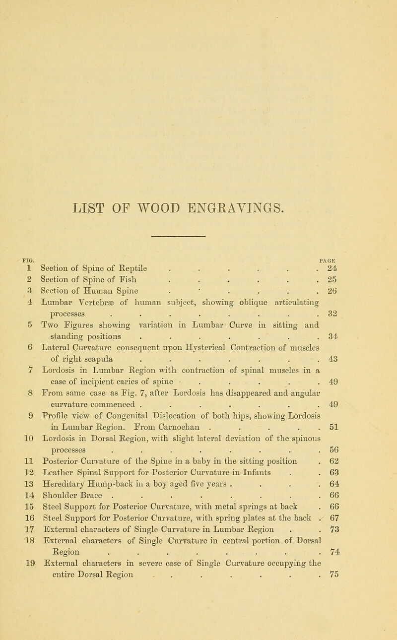 LIST OF WOOD ENGRAVINGS. PIG. PAGE 1 Section of Spine of Reptile . . . . . .24 2 Section of Spine of Fish . . . . . .25 3 Section of Human Spine . . . . .26 4 Lumbar VertebrEe of human subject, showing oblique articulating processes . . . . . . . .32 5 Two Figures showing variation in Lumbar Curve in sitting and standing positions . . . . . . .34 6 Lateral Curvature consequent upon Hysterical Contraction of muscles of right scapula . . . . . . .43 7 Lordosis in Lumbar Region with contraction of spinal muscles in a case of incipient caries of spine ■ . . . .49 8 From same case as Fig. 7, after Lordosis has disappeared and angular curvature commenced . . . . . . .49 9 Px'ofile view of Congenital Dislocation of both hips, showing Lordosis in Lumbar Region. From Carnocban . . . 51 10 Lordosis in Dorsal Region, with slight lateral deviation of the spinous processes ...... . .56 11 Posterior Curvature of the Spine in a baby in the sitting position . 62 12 Leather Spinal Support for Posterior Curvature in Infants . . 63 13 Hereditary Hump-back in a boy aged five years . . . .64 14 Shoulder Brace . . . . . . . .66 15 Steel Support for Posterior Curvature, with metal springs at back . 66 16 Steel Support for Posterior Curvature, with spring plates at the back . 67 17 External characters of Single Curvature in Lumbar Region . . 73 18 External characters of Single Curvature in central portion of Dorsal Region . . . . . . . .74 19 External characters in severe case of Single Curvature occupying the entire Dorsal Region . . . . . . .75