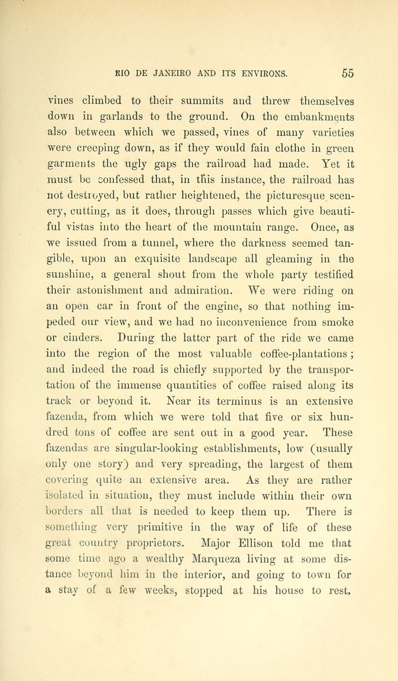vines climbed to their summits and threw themselves down in garlands to the ground. On the embankments also between which we passed, vines of many varieties were creeping down, as if they would fain clothe in green garments the ugly gaps the railroad had made. Yet it must be confessed that, in tliis instance, the railroad has not desti oyed, but rather heightened, the picturesque scen- ery, cutting, as it does, through passes which give beauti- ful vistas into the heart of the mountain range. Once, as we issued from a tunnel, where the darkness seemed tan- gible, upon an exquisite landscape all gleaming in the sunshine, a general shout from the whole party testified their astonishment and admiration. We were riding on an open car in front of the engine, so that nothing im- peded our view, and we had no inconvenience from smoke or cinders. During the latter part of the ride we came into the region of the most valuable coffee-plantations; and indeed the road is chiefly supported by the transpor- tation of the immense quantities of coffee raised along its track or beyond it. Near its terminus is an extensive fazenda, from which we were told that five or six hun- dred tons of coffee are sent out in a good year. These fazendas are singular-looking establishments, low (usually only one story) and very spreading, the largest of them covering quite an extensive area. As they are rather isolated in situation, they must include within their own borders all that is needed to keep them up. There is something very primitive in the way of life of these great country proprietors. Major Ellison told me that some time ago a wealthy Marqueza living at some dis- tance beyond him in the interior, and going to town for a stay of a few weeks, stopped at his house to rest.