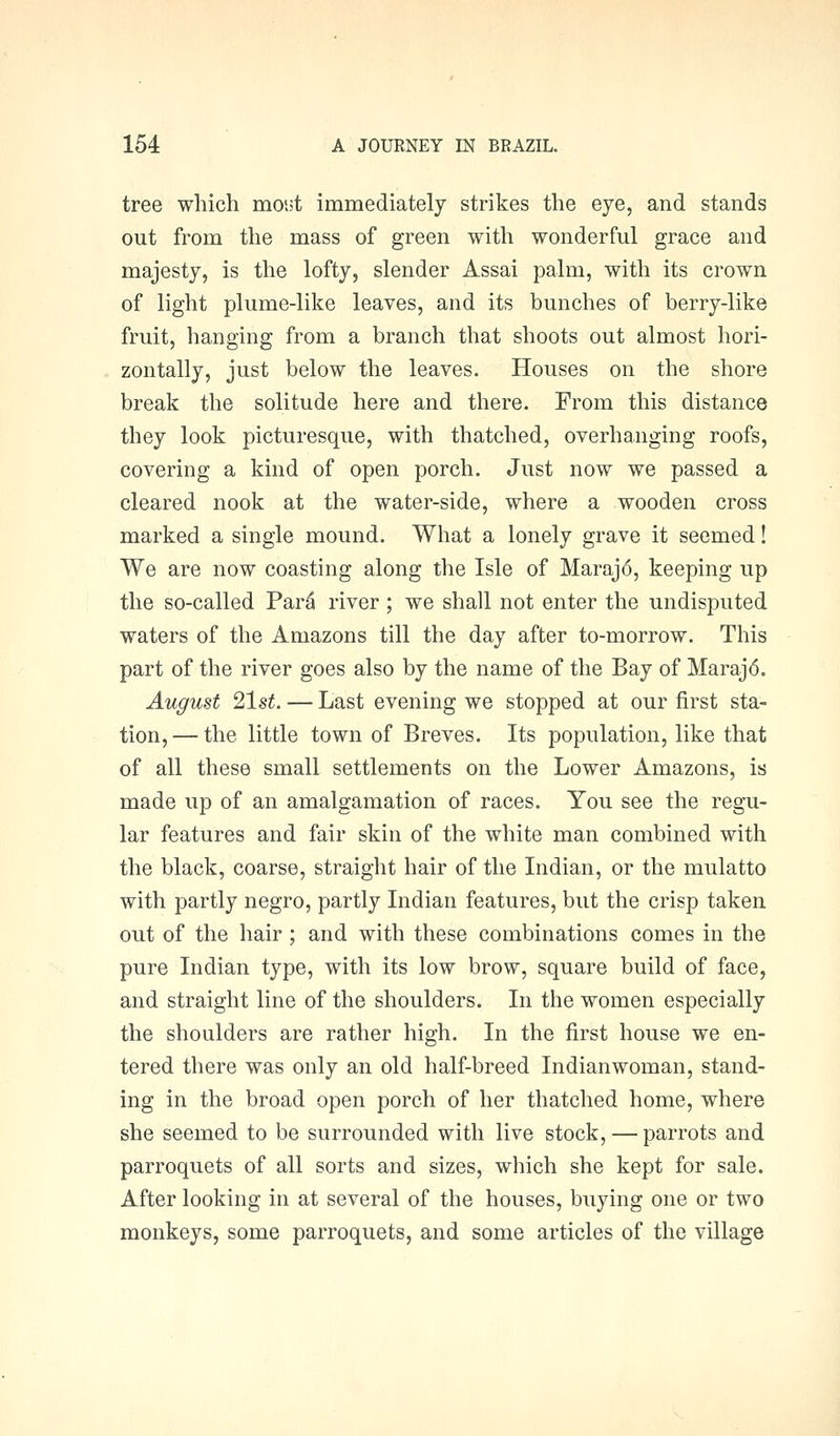 tree which mout immediately strikes the eye, and stands out from the mass of green with wonderful grace and majesty, is the lofty, slender Assai palm, with its crown of light plume-like leaves, and its bunches of berry-like fruit, hanging from a branch that shoots out almost hori- zontally, just below the leaves. Houses on the shore break the solitude here and there. From this distance they look picturesque, with thatched, overhanging roofs, covering a kind of open porch. Just now we passed a cleared nook at the water-side, where a wooden cross marked a single mound. What a lonely grave it seemed! We are now coasting along the Isle of Marajo, keeping up the so-called Pard river; we shall not enter the undisputed waters of the Amazons till the day after to-morrow. This part of the river goes also by the name of the Bay of Maraj6. August 21st. — Last evening we stopped at our first sta- tion,— the little town of Breves. Its population, like that of all these small settlements on the Lower Amazons, is made up of an amalgamation of races. You see the regu- lar features and fair skin of the white man combined with the black, coarse, straight hair of the Indian, or the mulatto with partly negro, partly Indian features, but the crisp taken out of the hair ; and with these combinations comes in the pure Indian type, with its low brow, square build of face, and straight line of the shoulders. In the women especially the shoulders are rather high. In the first house we en- tered there was only an old half-breed Indianwoman, stand- ing in the broad open porch of her thatched home, where she seemed to be surrounded with live stock, — parrots and parroquets of all sorts and sizes, which she kept for sale. After looking in at several of the houses, buying one or two monkeys, some parroquets, and some articles of the village